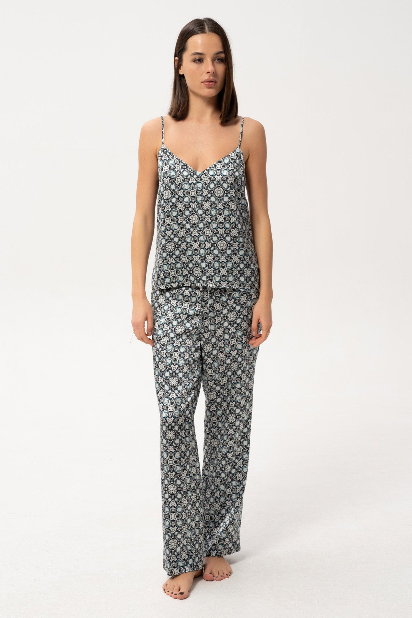 Silk Camisole and Pants in Black Crystal Neo Geo print - front view highlighting elegant fit and luxurious silk fabric.
