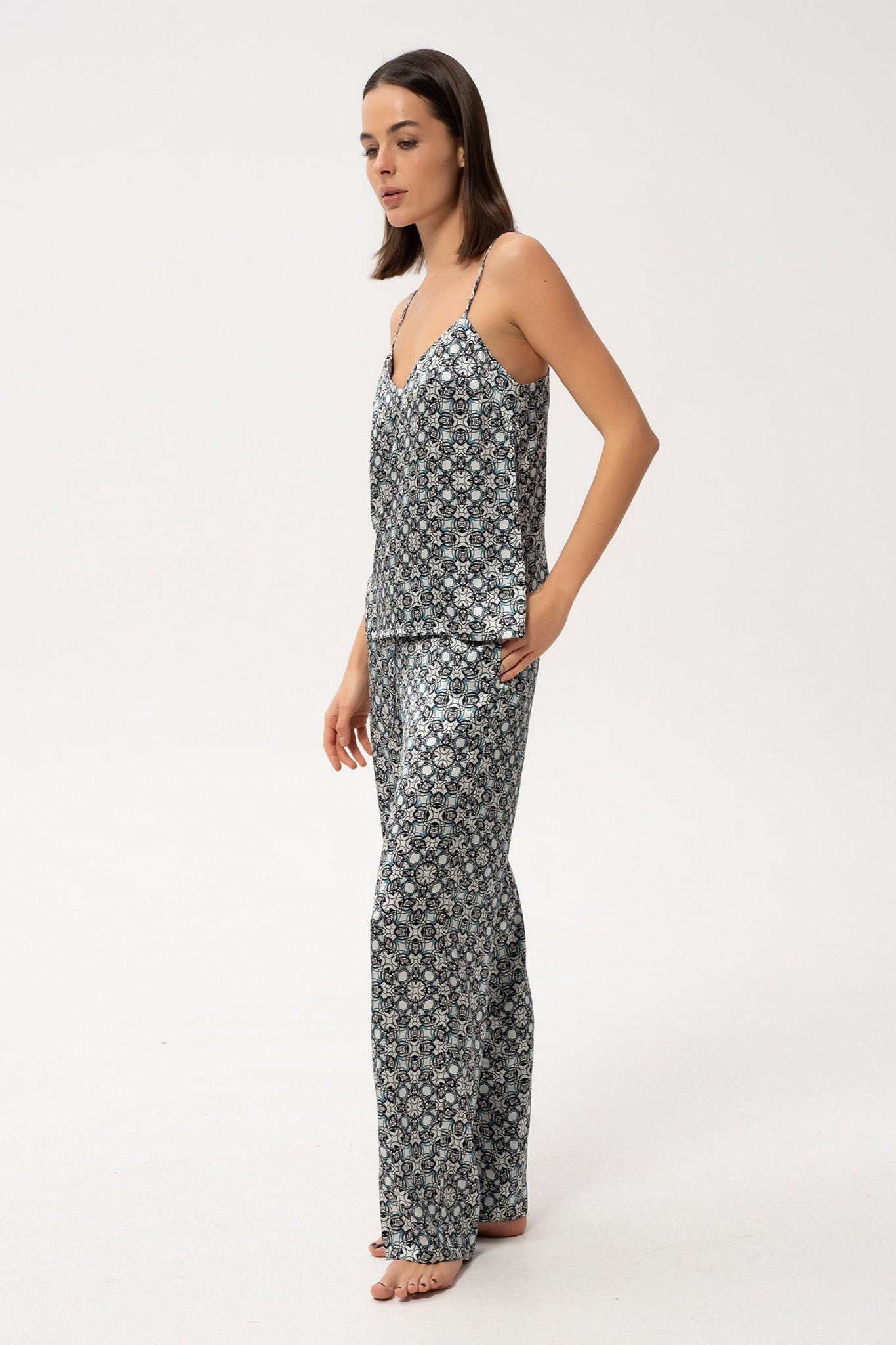 Silk Camisole and Pants in Black Crystal Neo Geo print - side view showcasing relaxed fit and stylish silhouette.