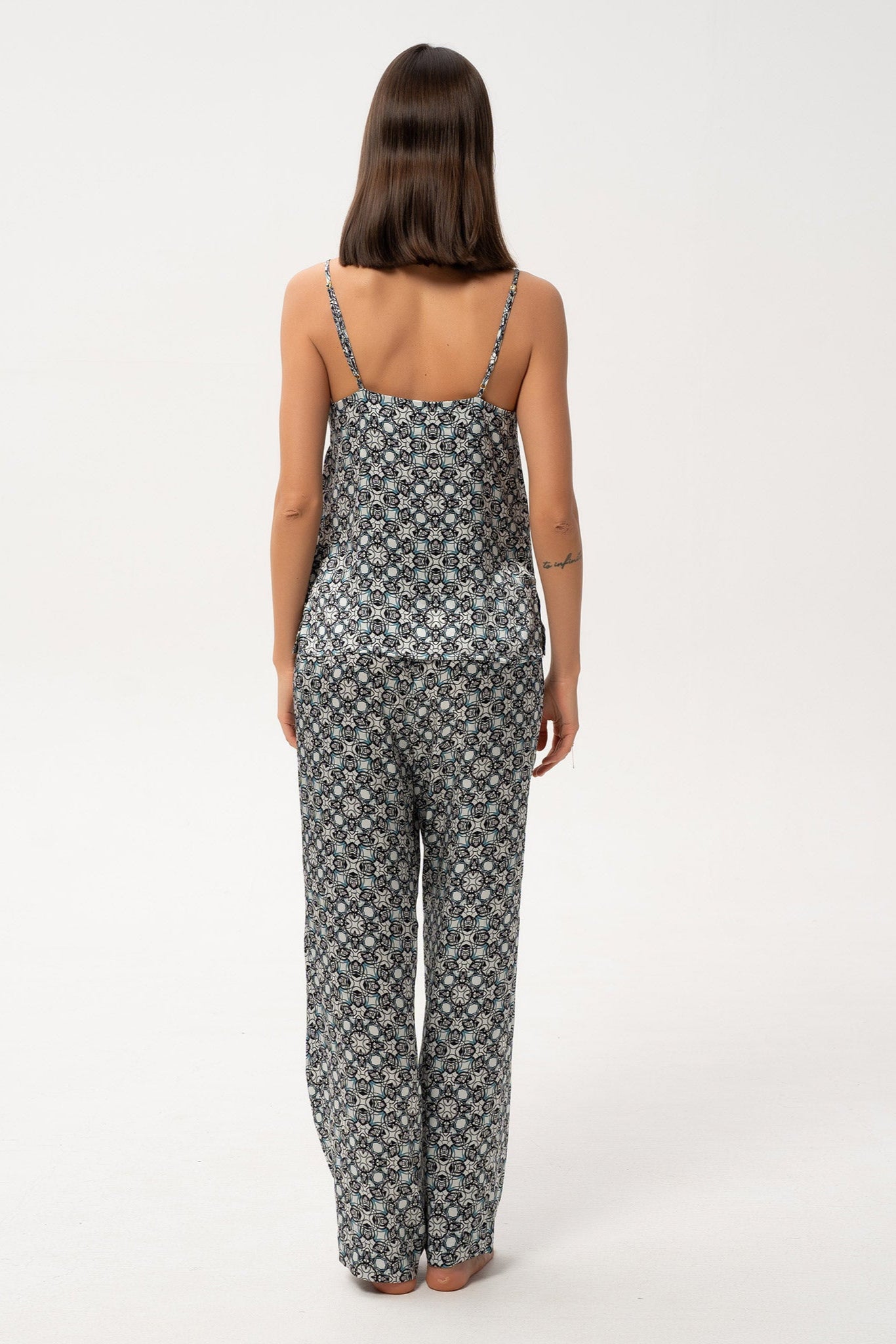 Silk Camisole and Pants - back view of Black Crystal Neo Geo print with adjustable spaghetti straps and flowing silk pants.