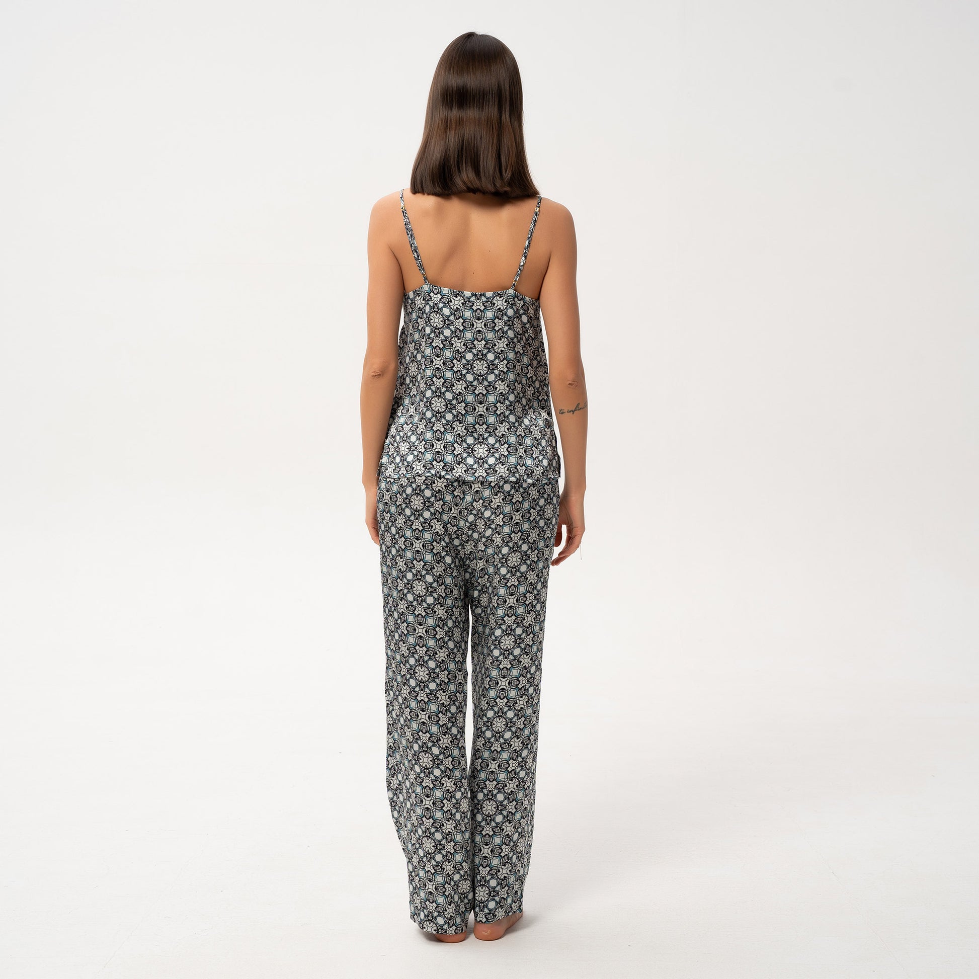 Silk Pants and Camisole - back view showcasing smooth silk fabric in Black Crystal Neo Geo print.