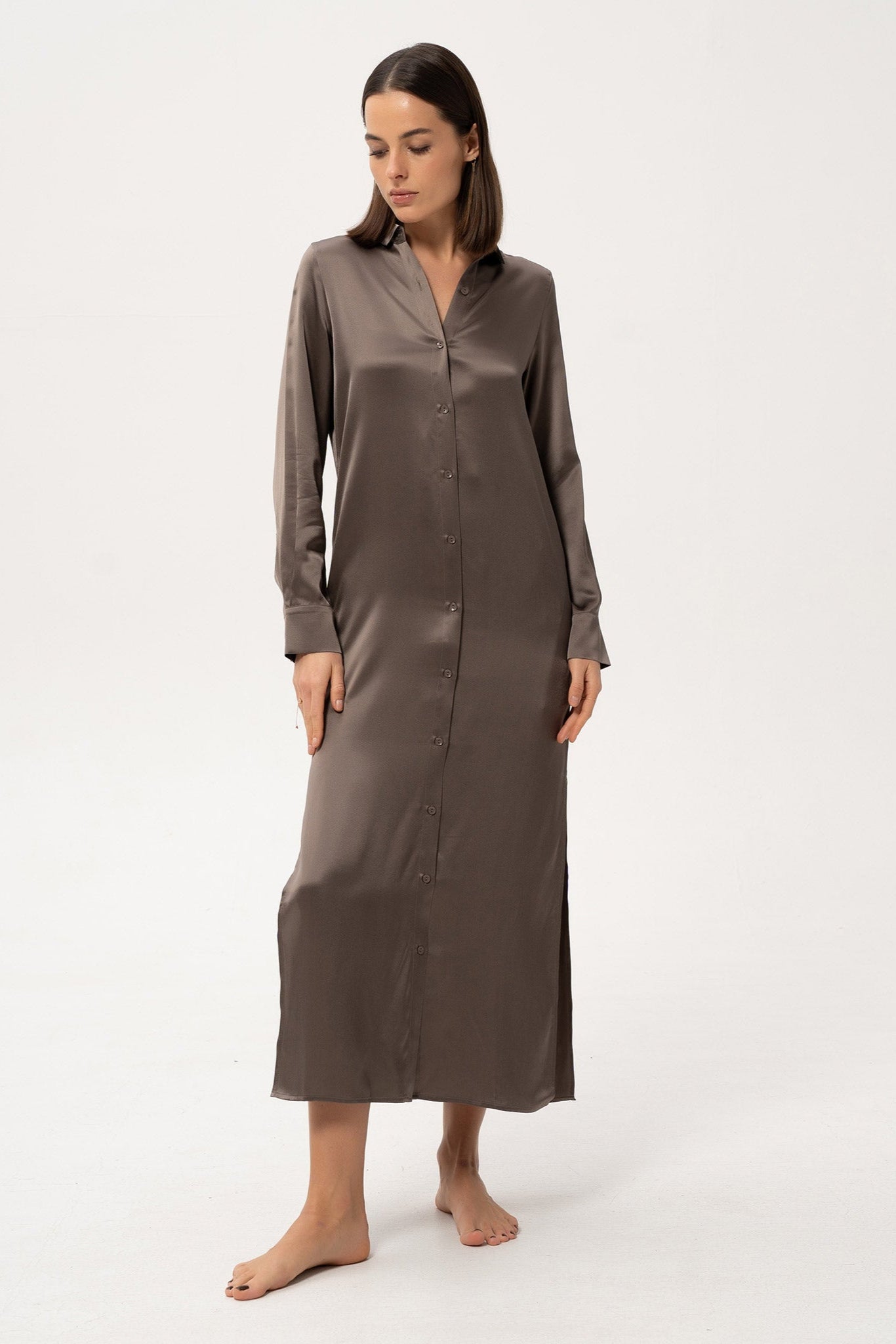 Silk Shirt Dress in Brown by Nokaya - front view showcasing button-down design and relaxed fit.