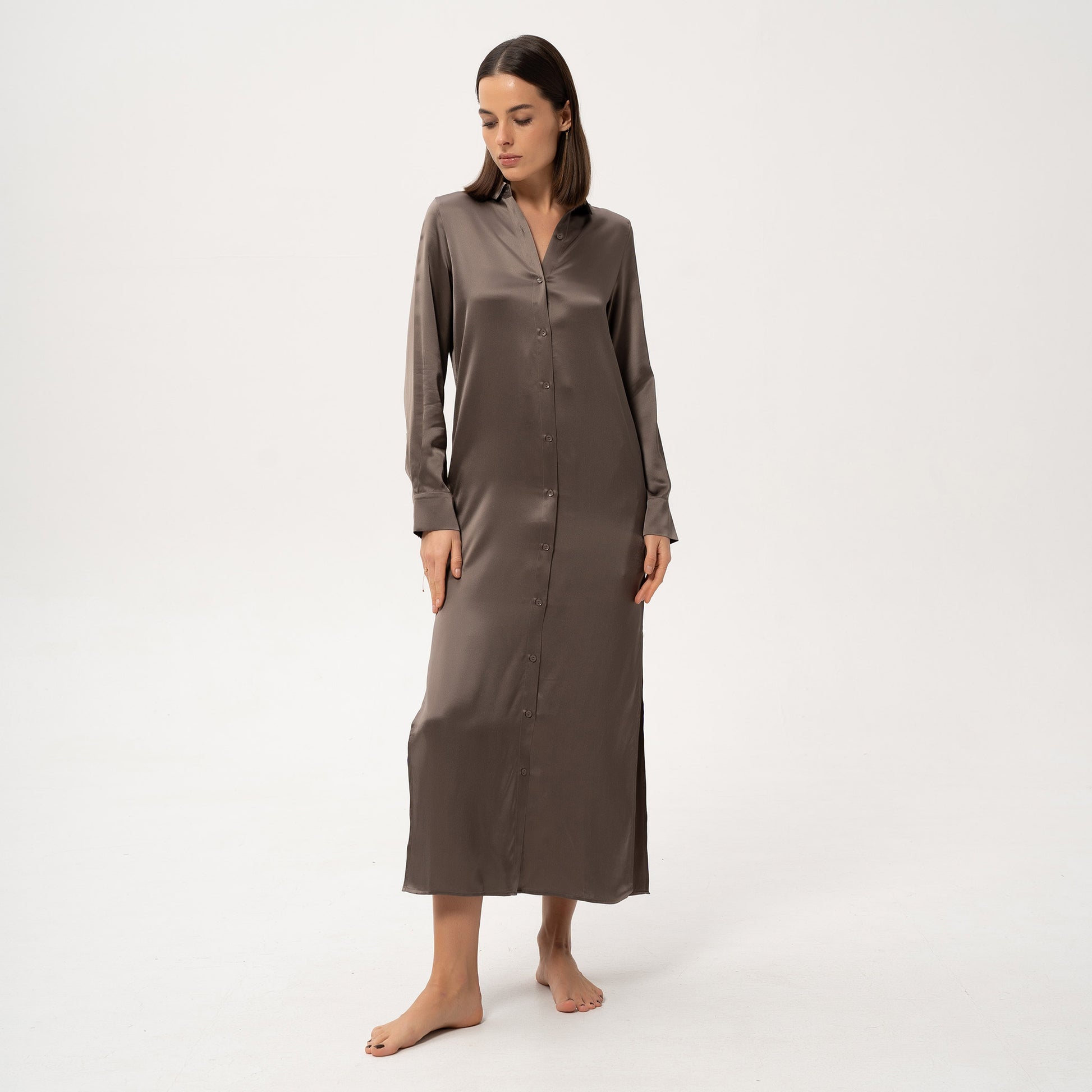 Silk Shirt Dress in Brown by Nokaya - front view showcasing button-down design and relaxed fit.