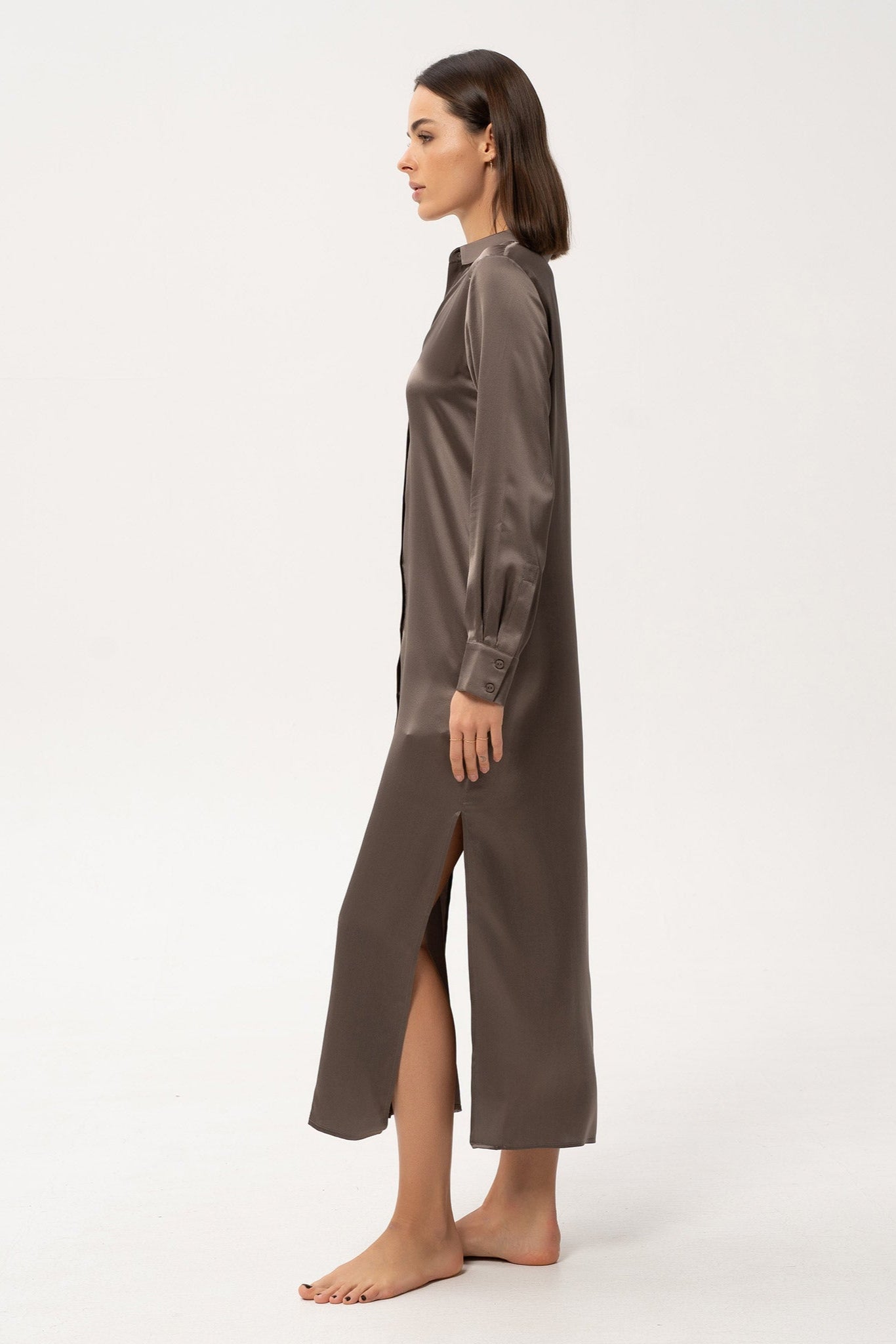 Shirt Dress Brown by Nokaya - highlighting elegant silk texture.