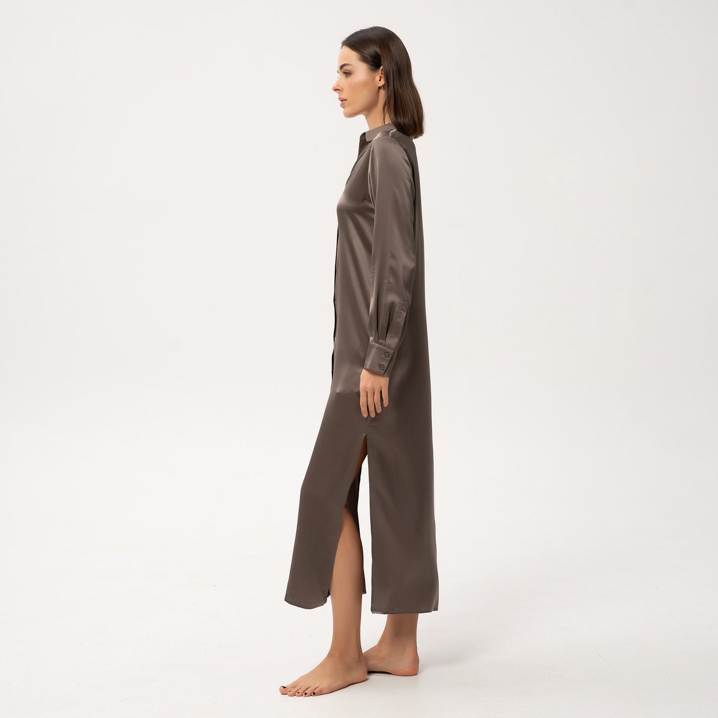 Shirt Dress Brown by Nokaya - highlighting elegant silk texture.