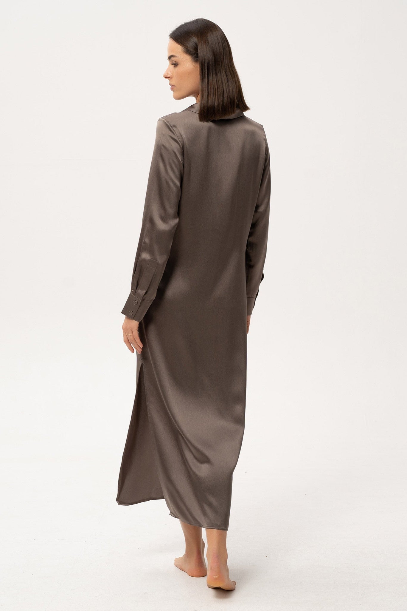 Silk Shirt Dress Brown by Nokaya - back view highlighting the sleek and seamless design.