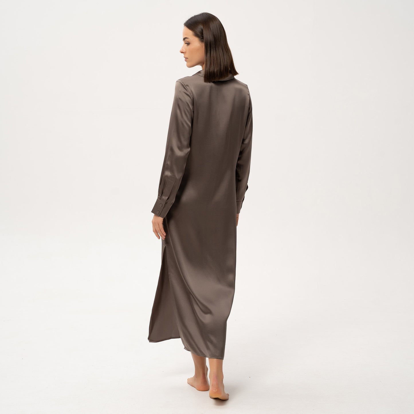 Silk Shirt Dress Brown by Nokaya - back view highlighting the sleek and seamless design.