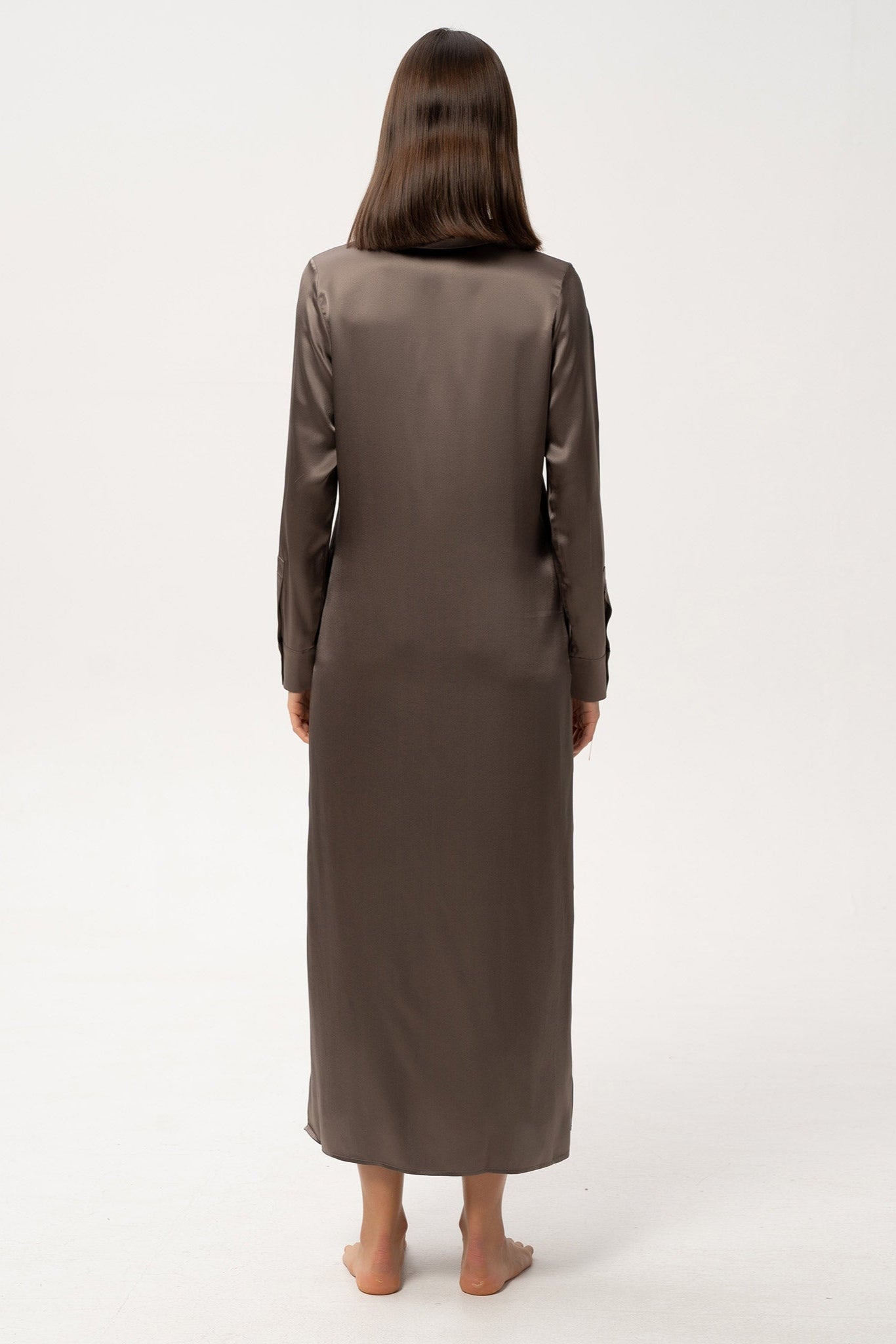 Shirt Dress in Brown - elegant back view with a focus on flowy silk fabric.