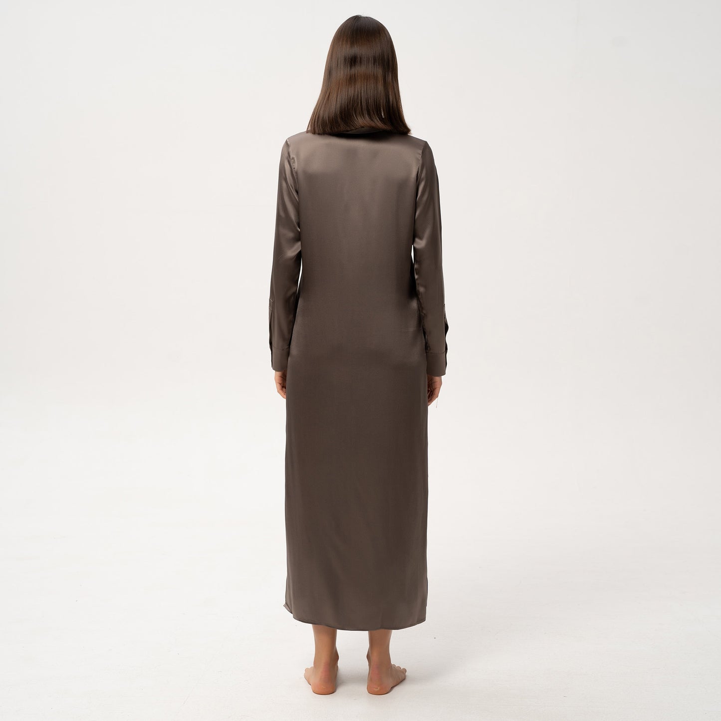 Shirt Dress in Brown - elegant back view with a focus on flowy silk fabric.