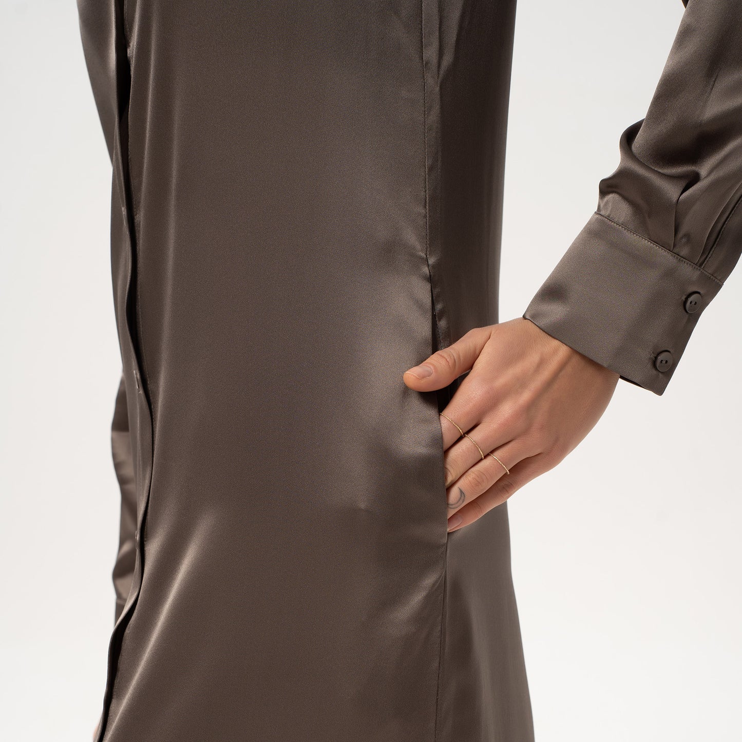 Shirt Dress Brown by Nokaya - close-up of functional silk side pocket.