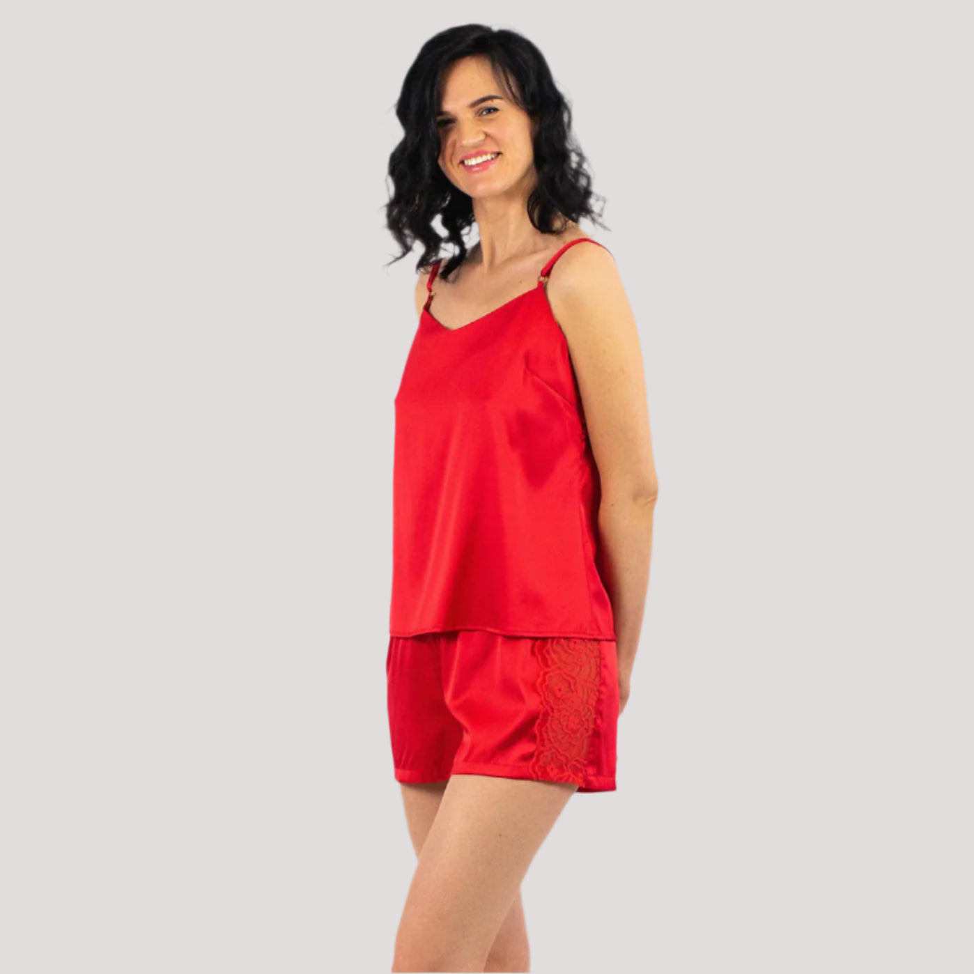 Silk Shorts and Cami top Nokaya in Red. The Good Girl Gone Bad camisole accented with floral lace.