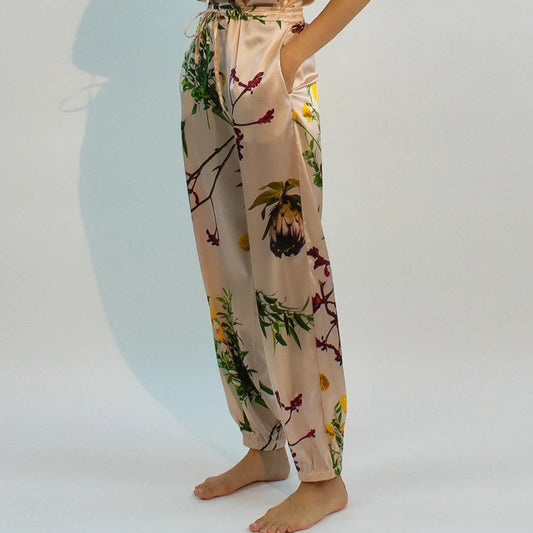 Silk Pyjama Pants with flower print FLYING FLOWER. Nokaya