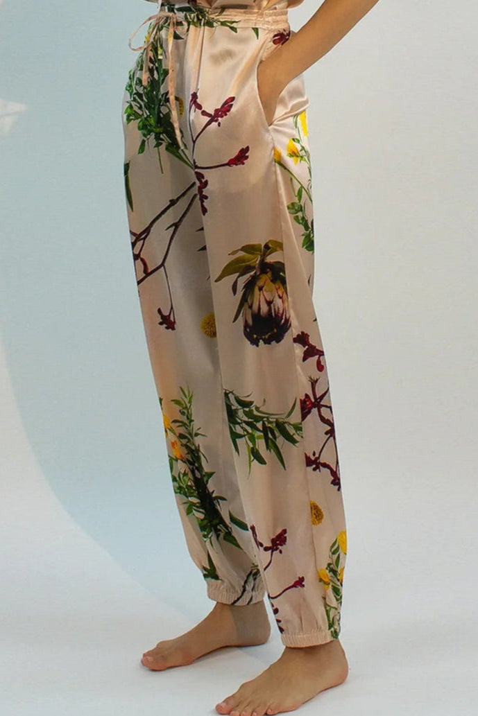 Silk Pyjama Pants with flower print FLYING FLOWER. Nokaya