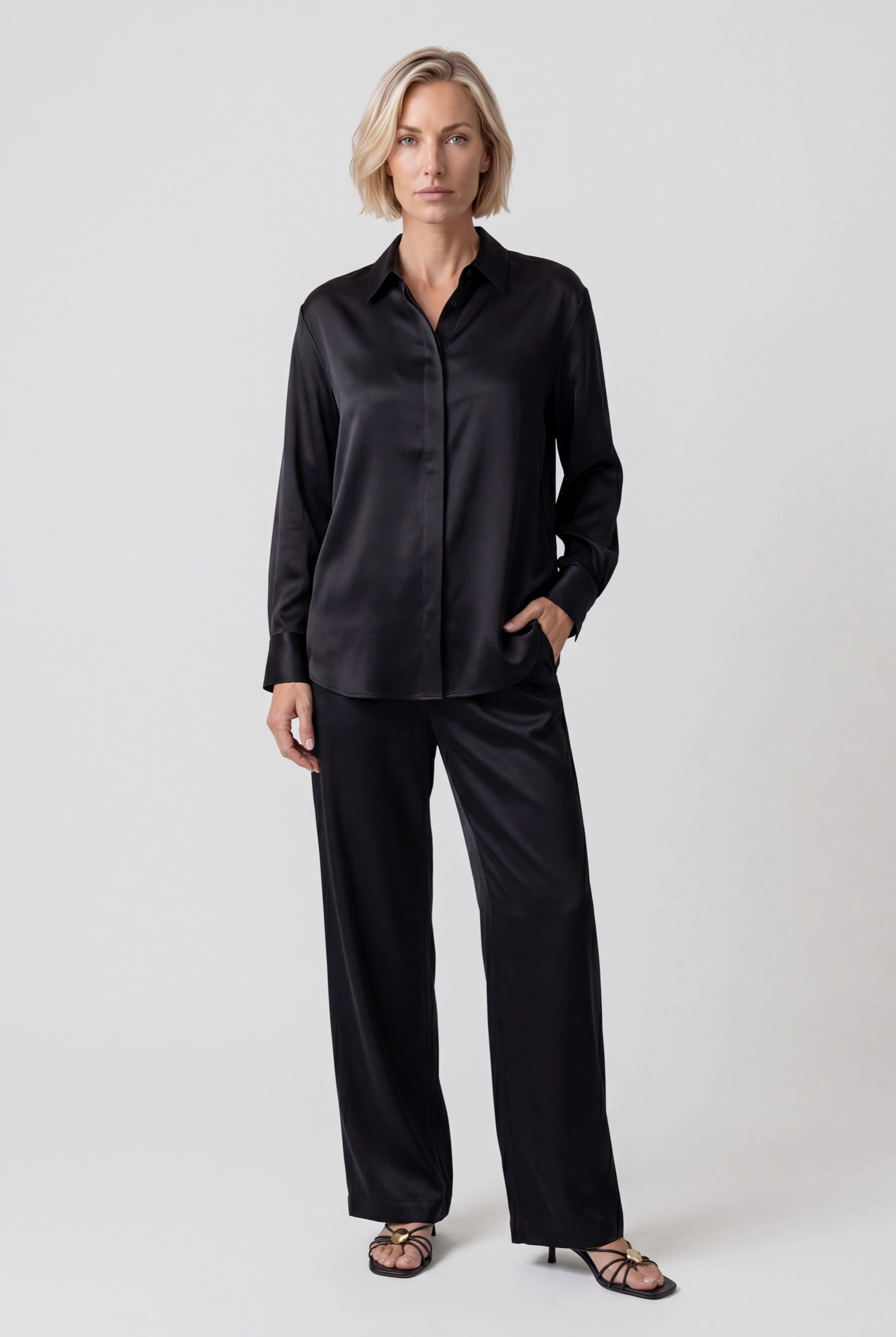 The Lady Silk Crystal Black shirt and trousers front