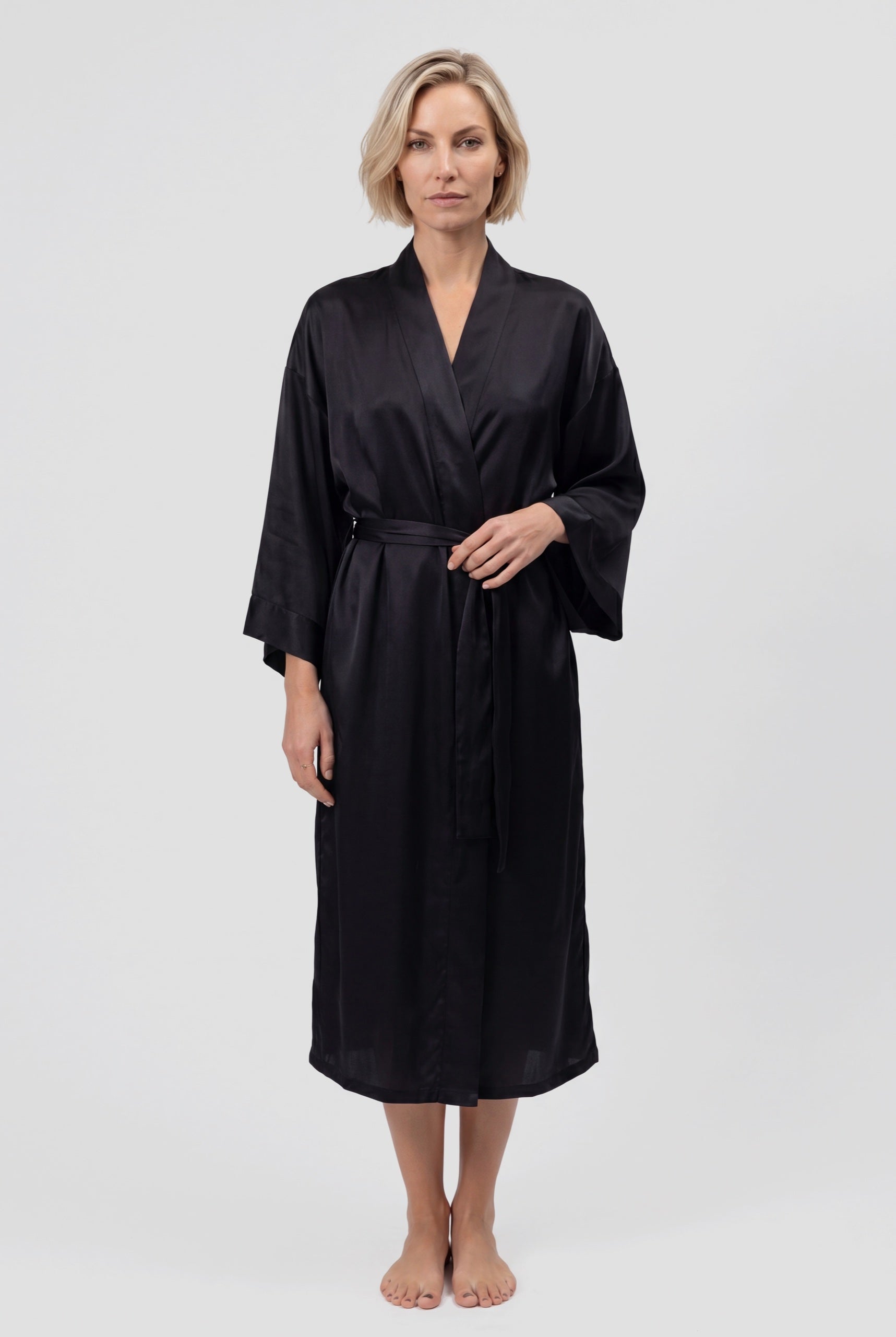 The Lady Silk Long Kimono Robe Crystal Black front