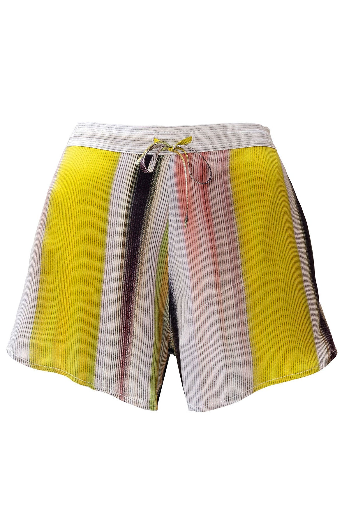 Silk striped shorts with a yellow panel on a white background. Nokaya. collection Art Stripe