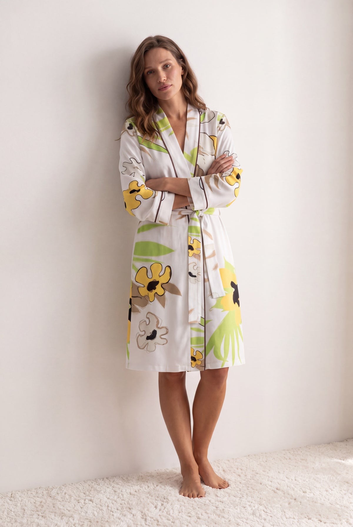 Bamboo Kimono Robe in White Flower