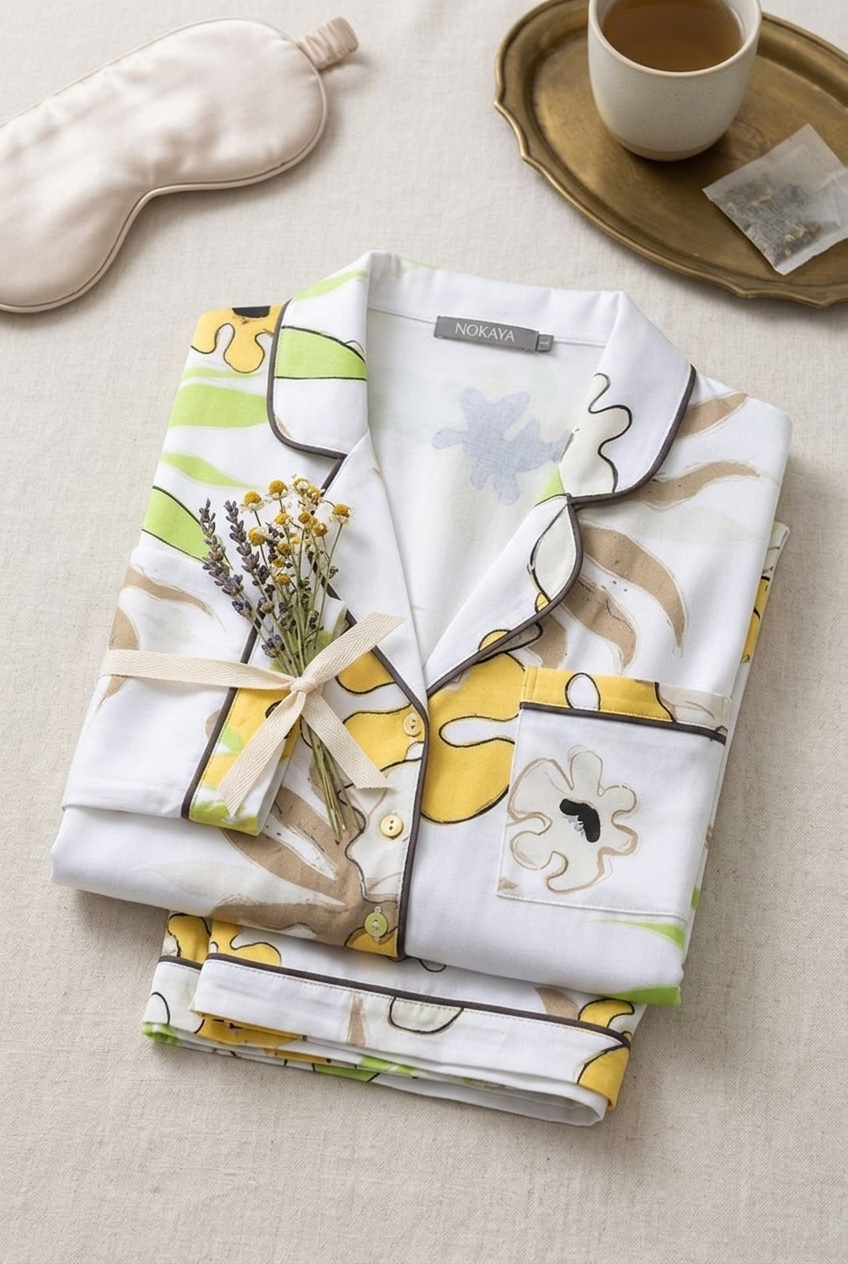 Bamboo Long Pyjama Set in White Flower