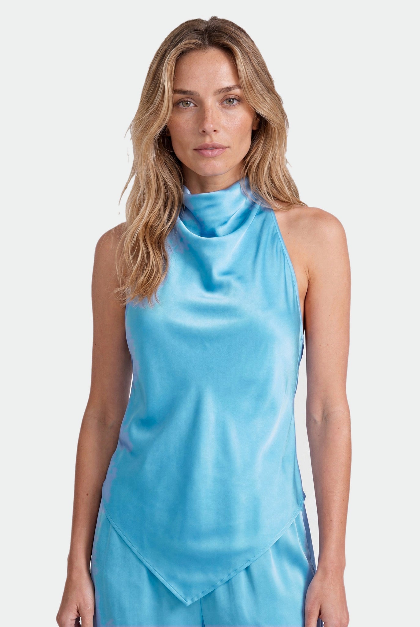 NOKAYA Blue Silk Halter Top The Lady — Blue Gleam, front
