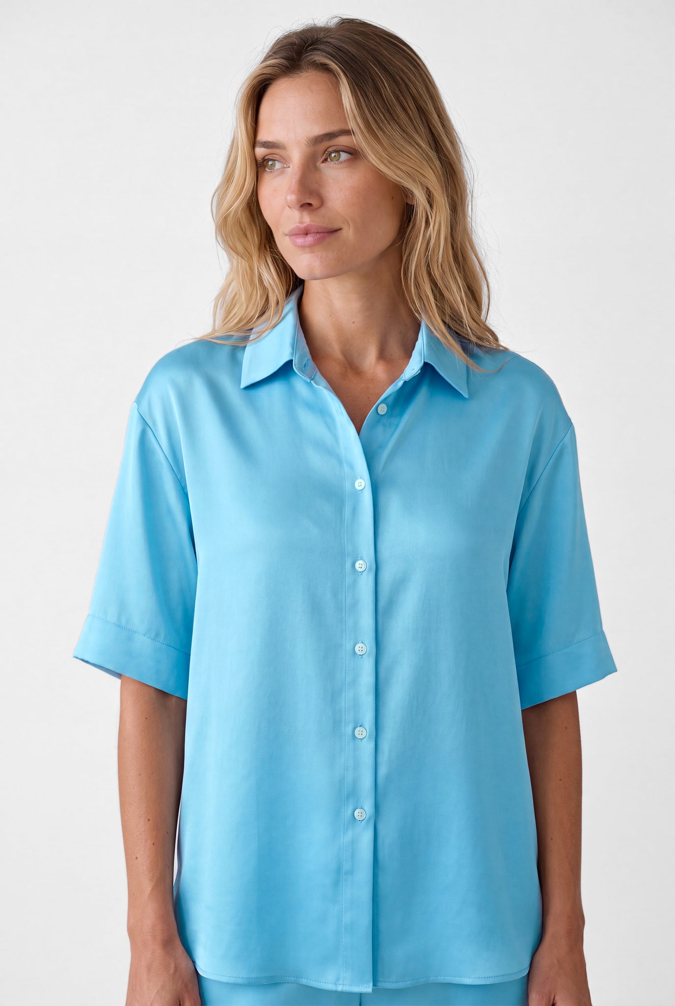 NOKAYA Blue Silk Shirt The Lady — Blue Gleam, front detail