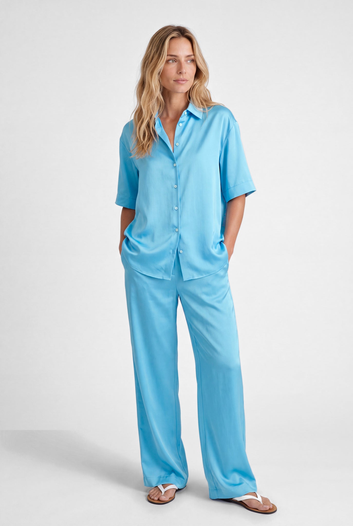 NOKAYA Blue Silk Trousers The Lady — Blue Gleam, styled with shirt, front