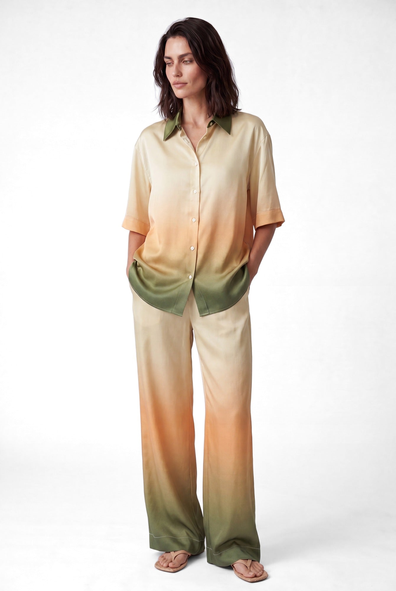 NOKAYA FlowState silk palazzo trousers, front, wide-leg ombre silk co-ord