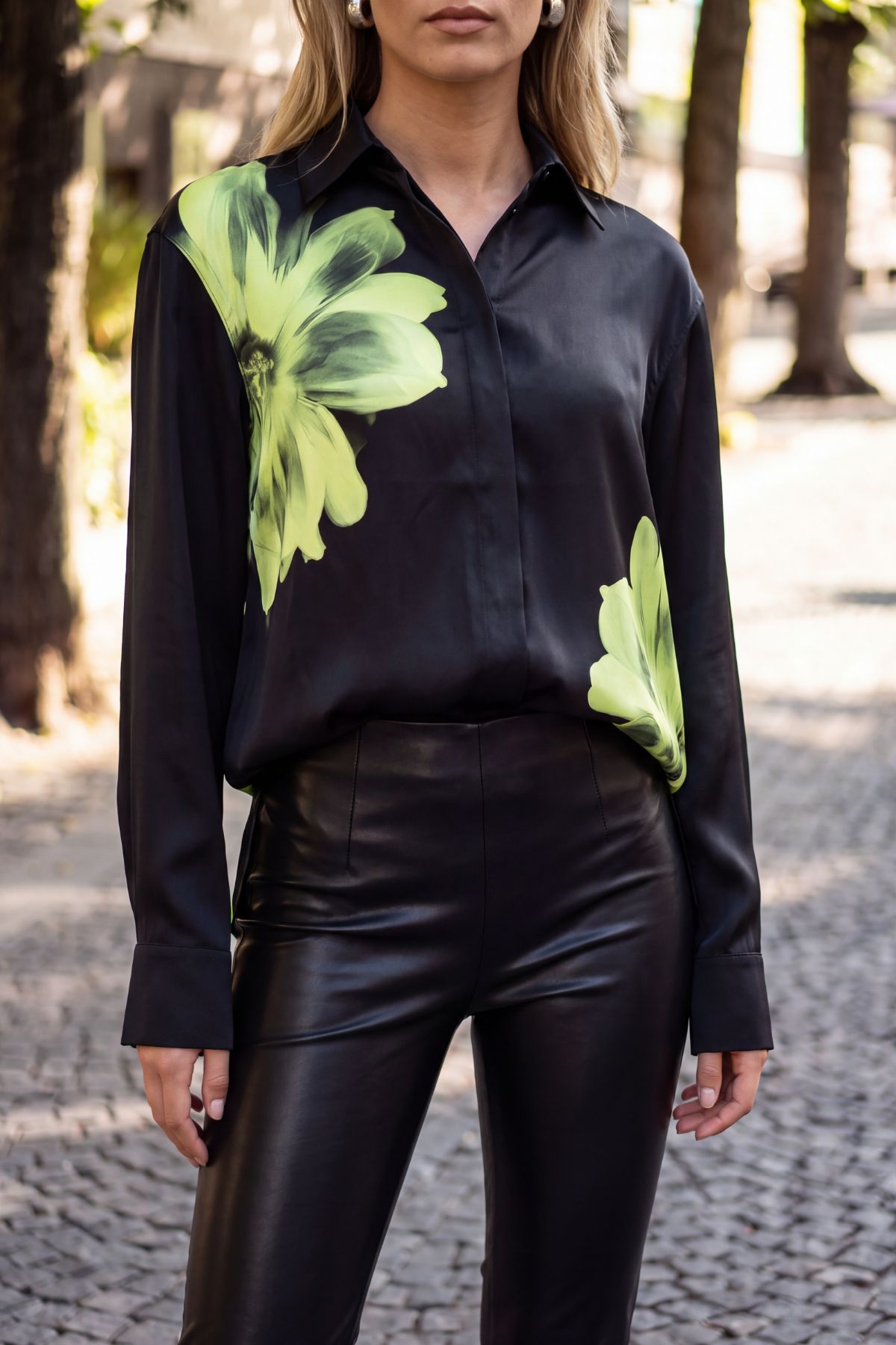 Black Silk Shirt Flower Print