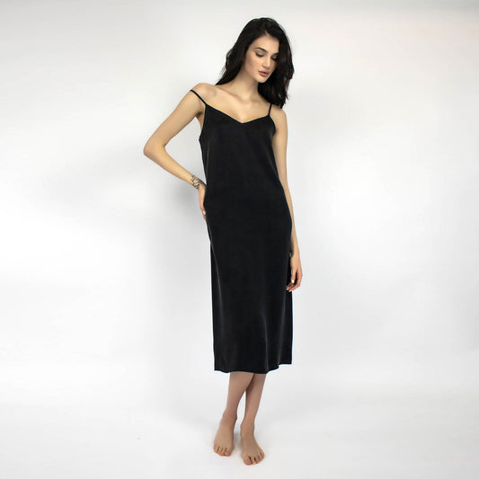 Pure Silk  Satin Long Slip Dress Black with thin streps. Nokaya designer trendy dress.