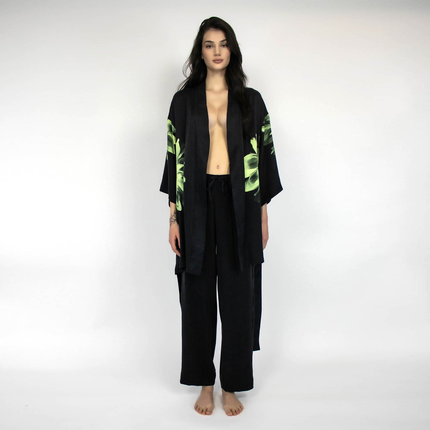 Women's  100% silk dressing gown on top of silk pyjamas bottoms