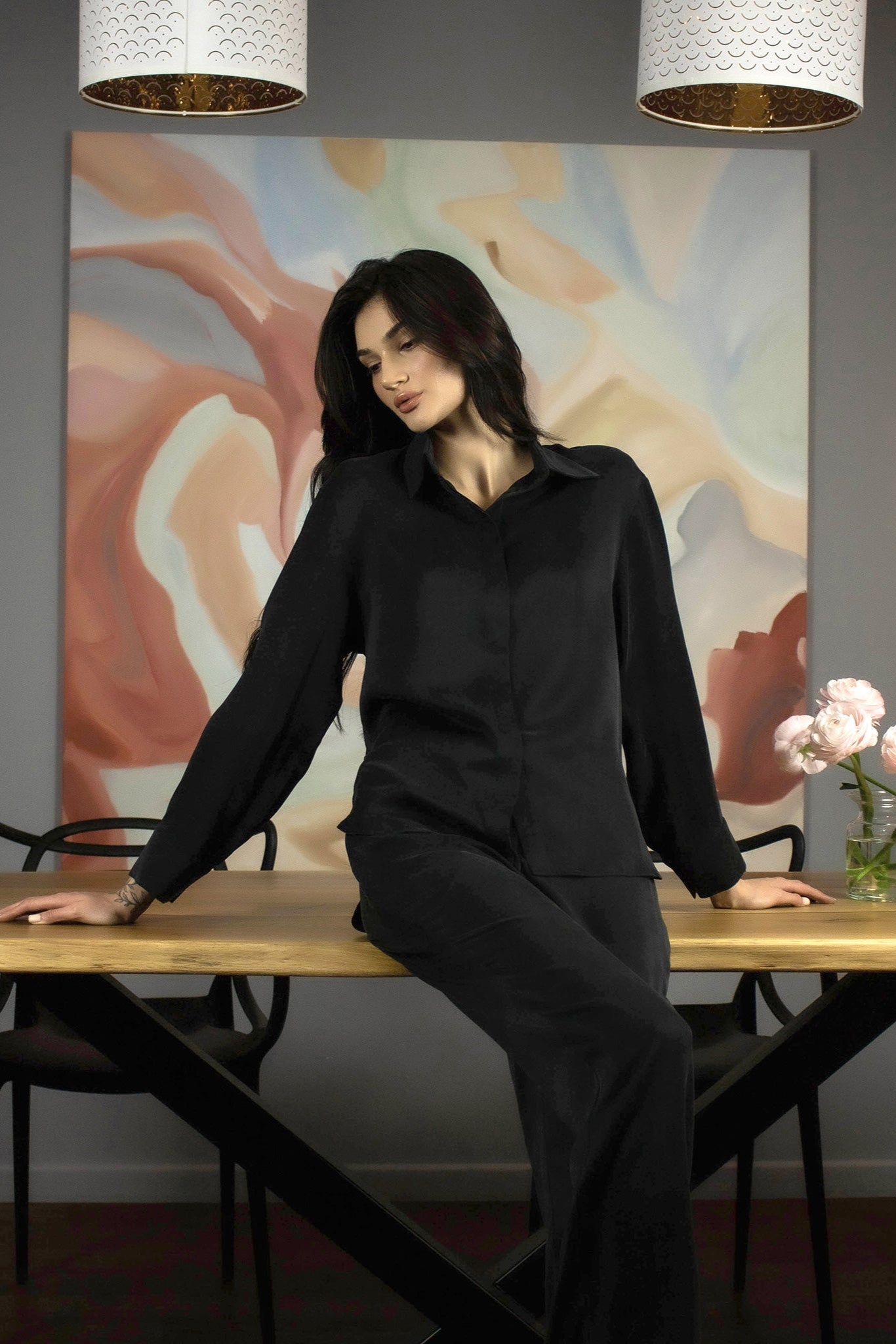 LUXURY DREAMSCAPE SILK PANTS. Front look.