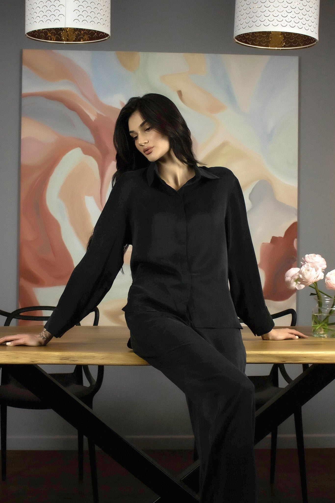 Shop  black Silk pyjamas for women with shirt and pants. Sleep and loungewear Nokaya collecting