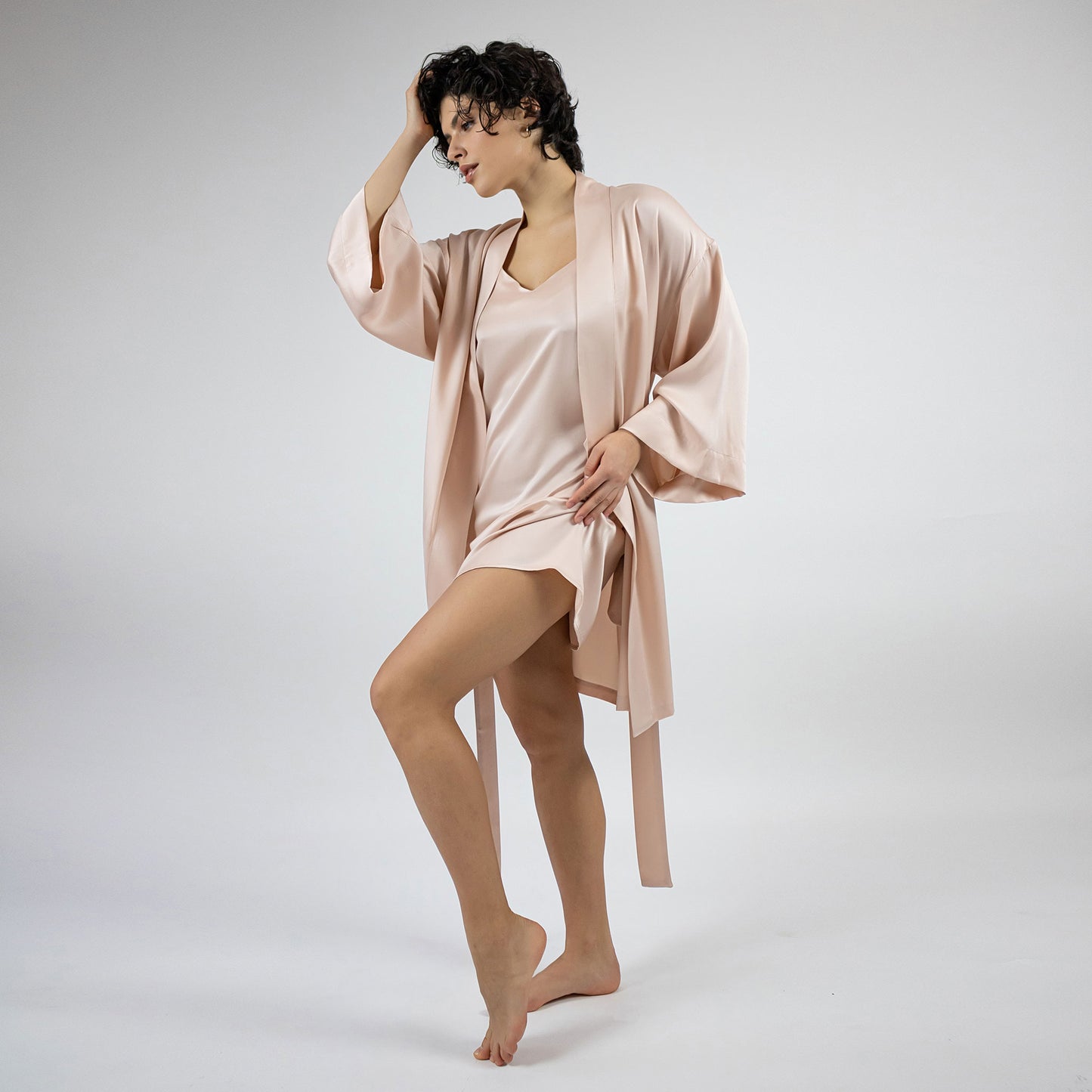 Short slip Dress and kimono robe crafted from  washable silk 