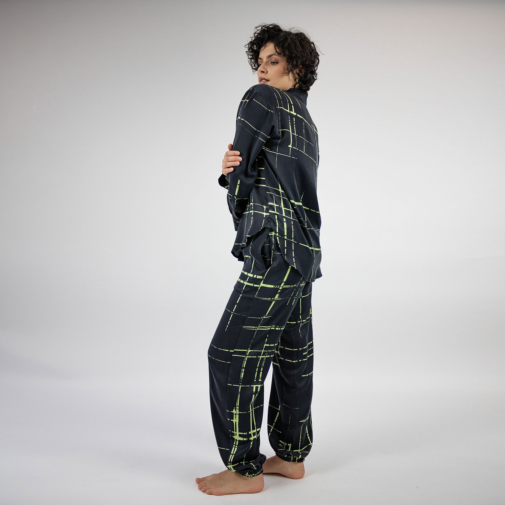Silk Check Pants for women Nokaya.  designer silk pyjamas with bespoke print Desi