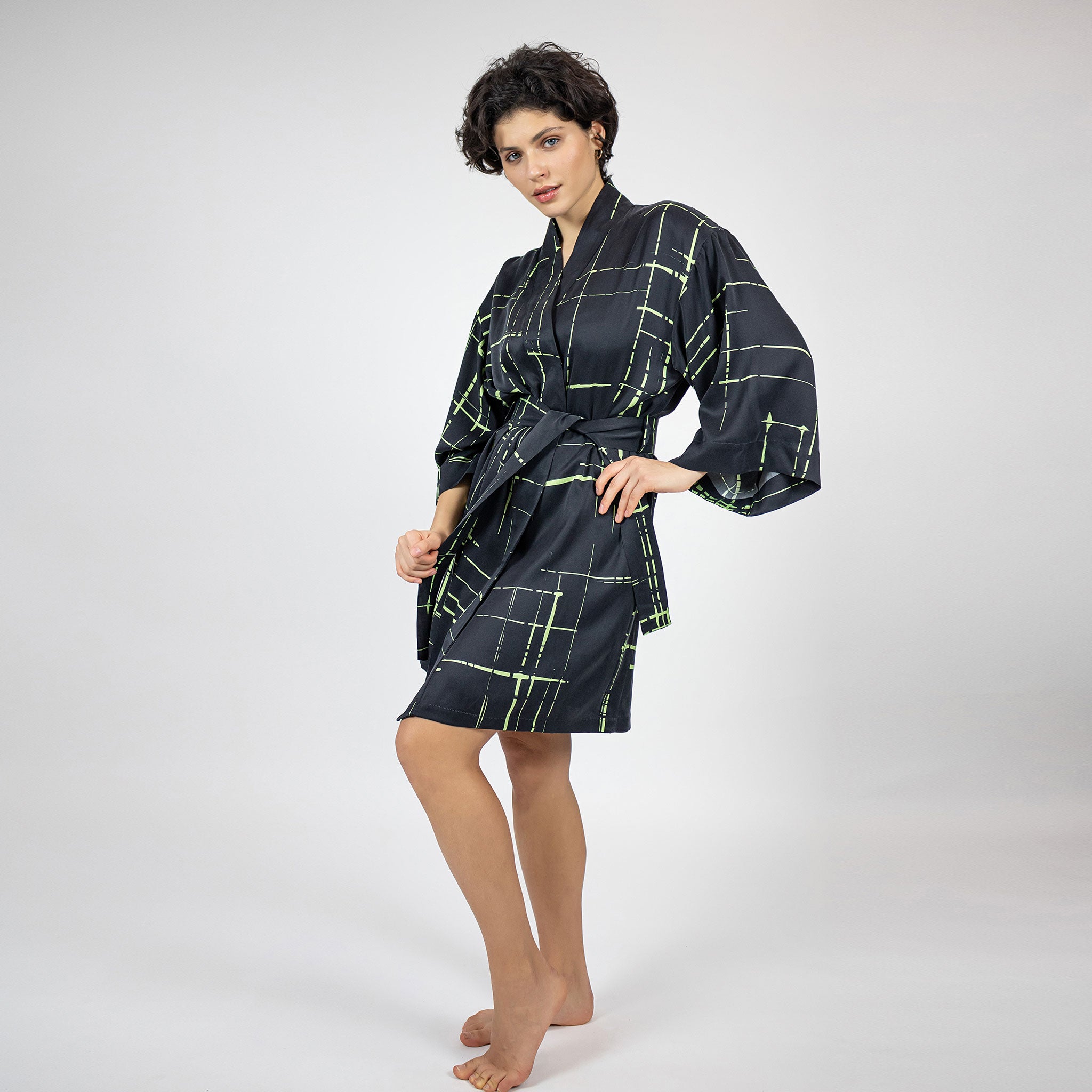 Black Silk Kimono Robe Silk Dressing Gown for Women with check print Nokaya Silk Dreamscape capsule NOKAYA