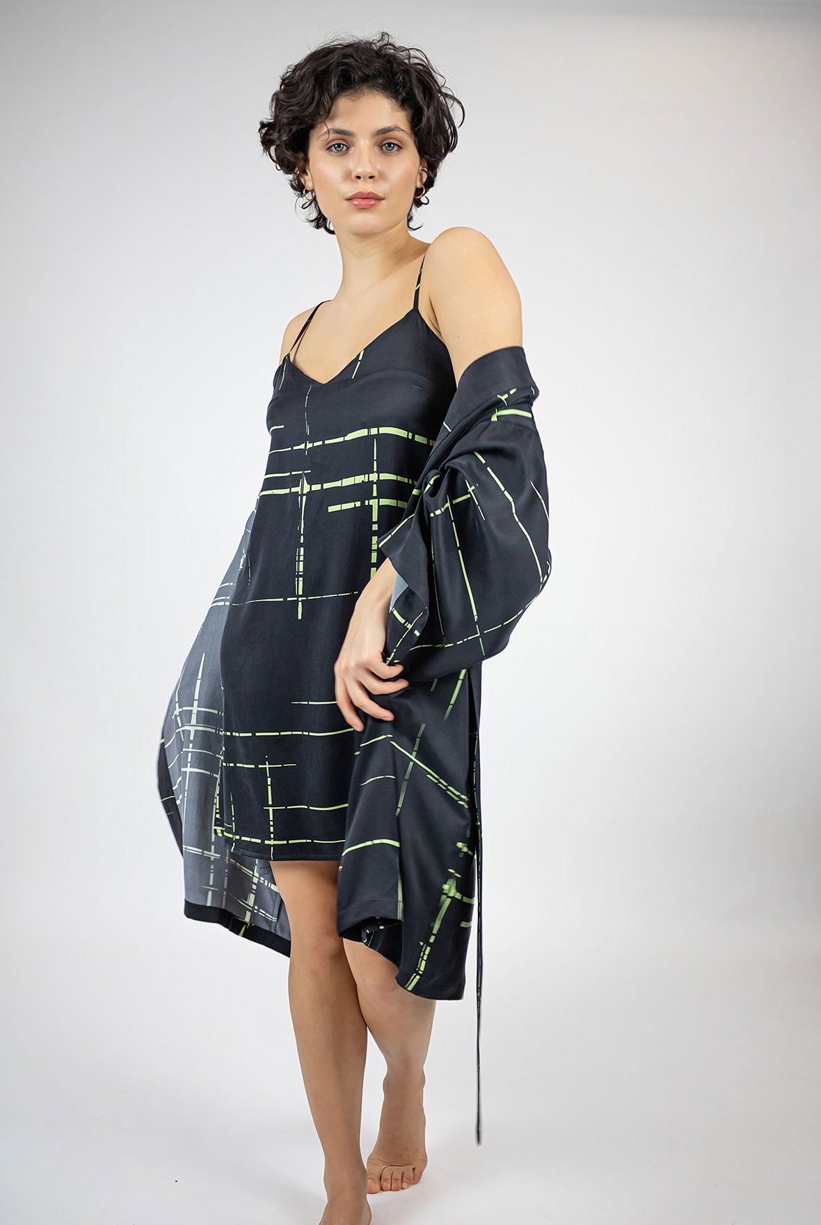 Silk Dreamscape Slip Dress Black Check