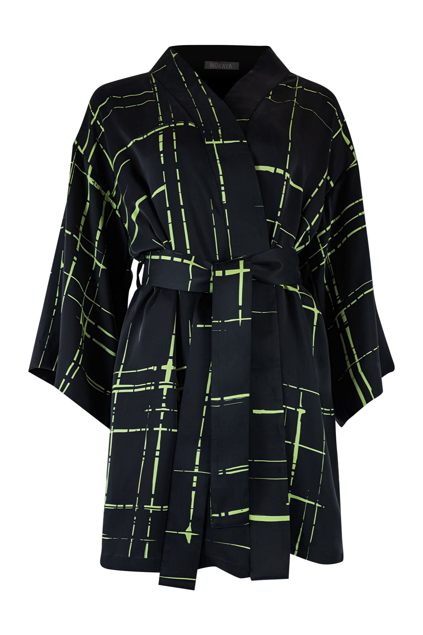 Stylish Silk Dreamscape Black Kimono Robe. Machine-washing friendly.  