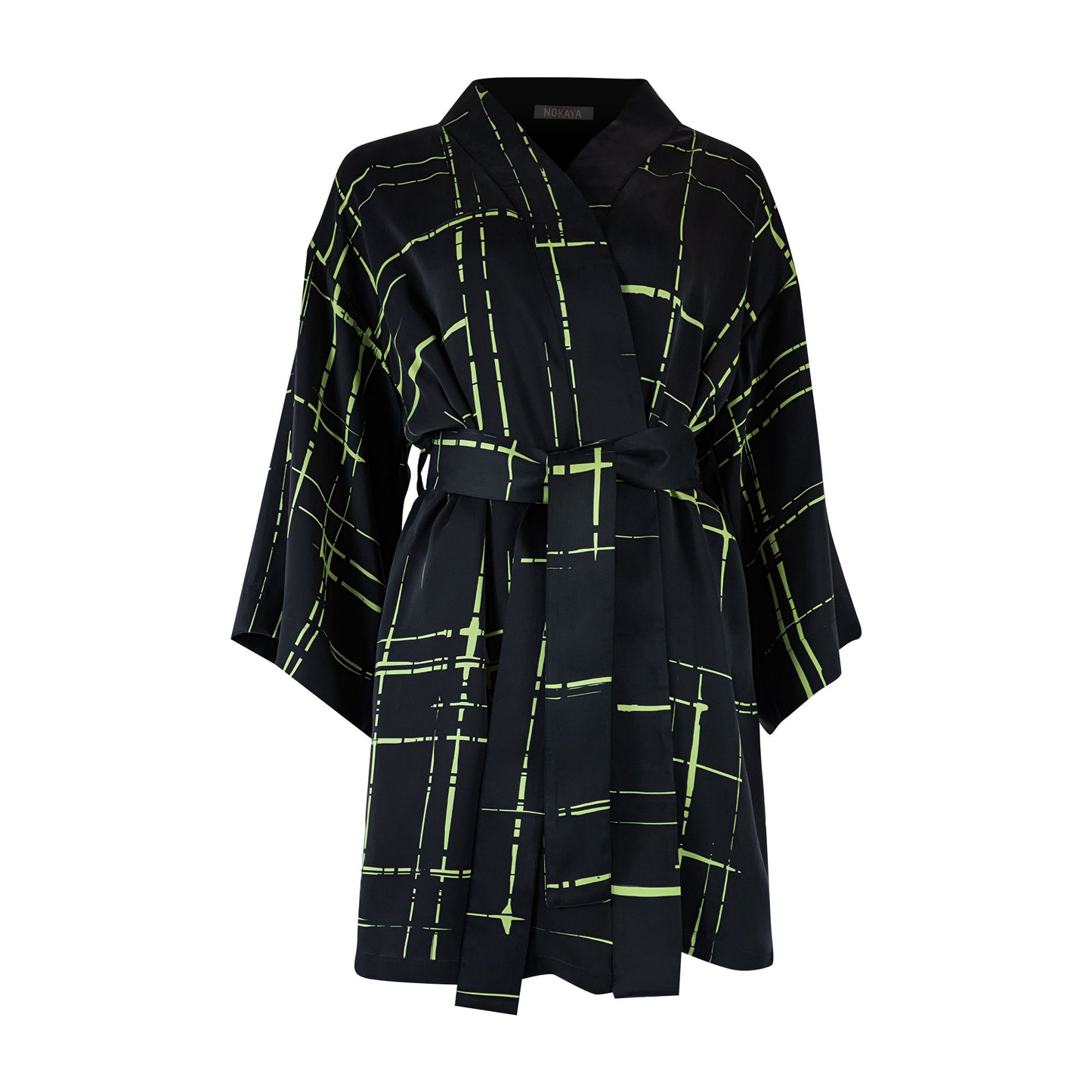 Stylish Silk Dreamscape Black Kimono Robe. Machine-washing friendly.  