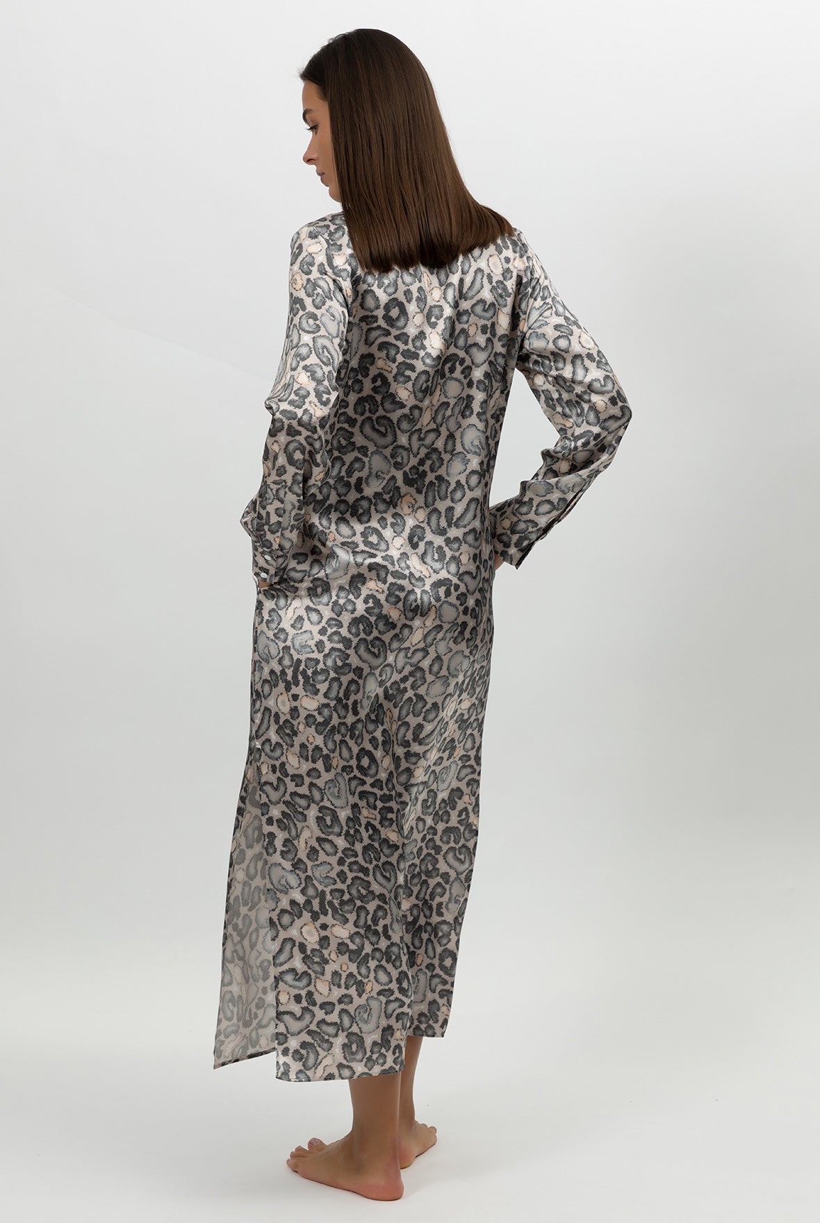 Silk Button-down Long Shirt Dress Animal Print