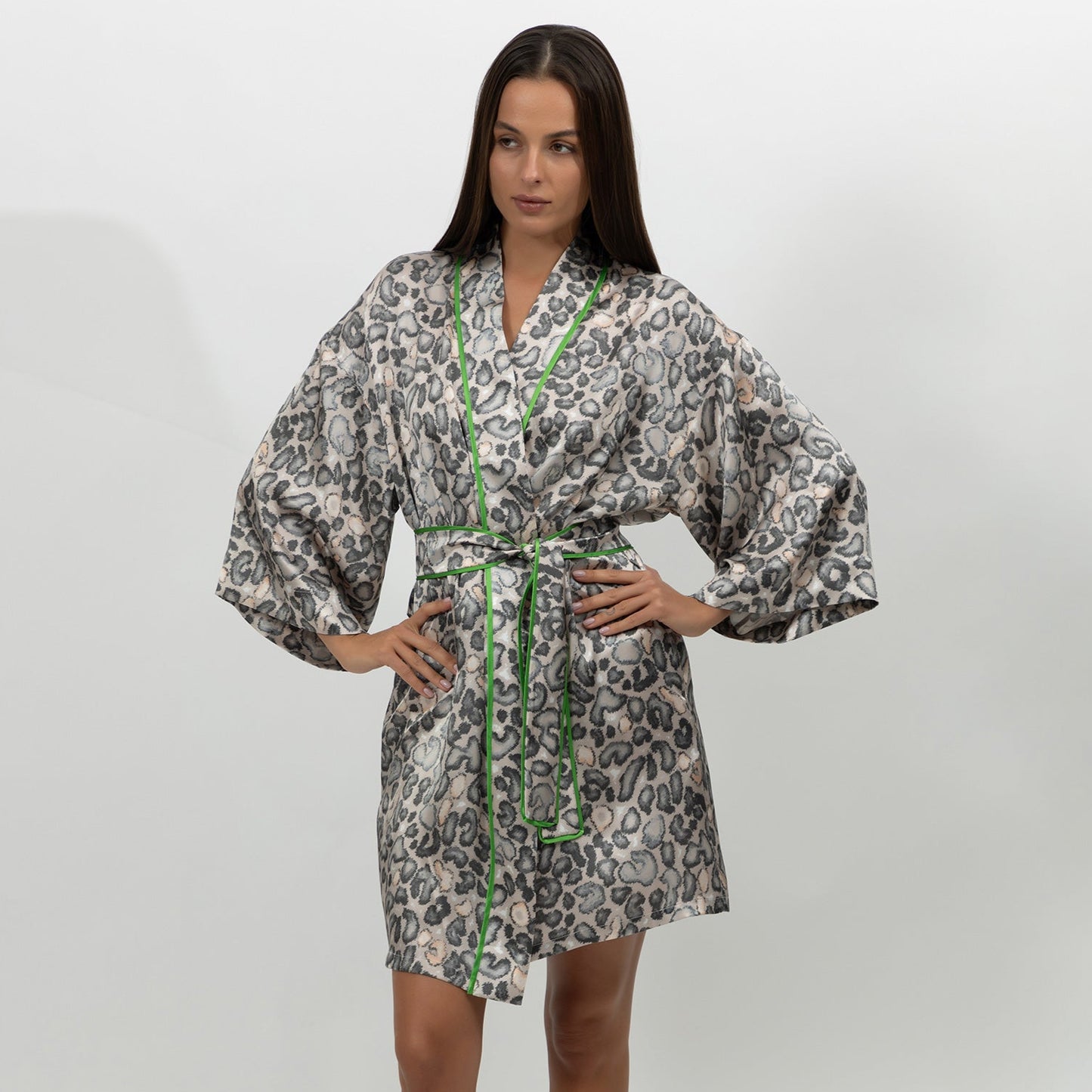 Silk Short Kimono Robe Animal Print