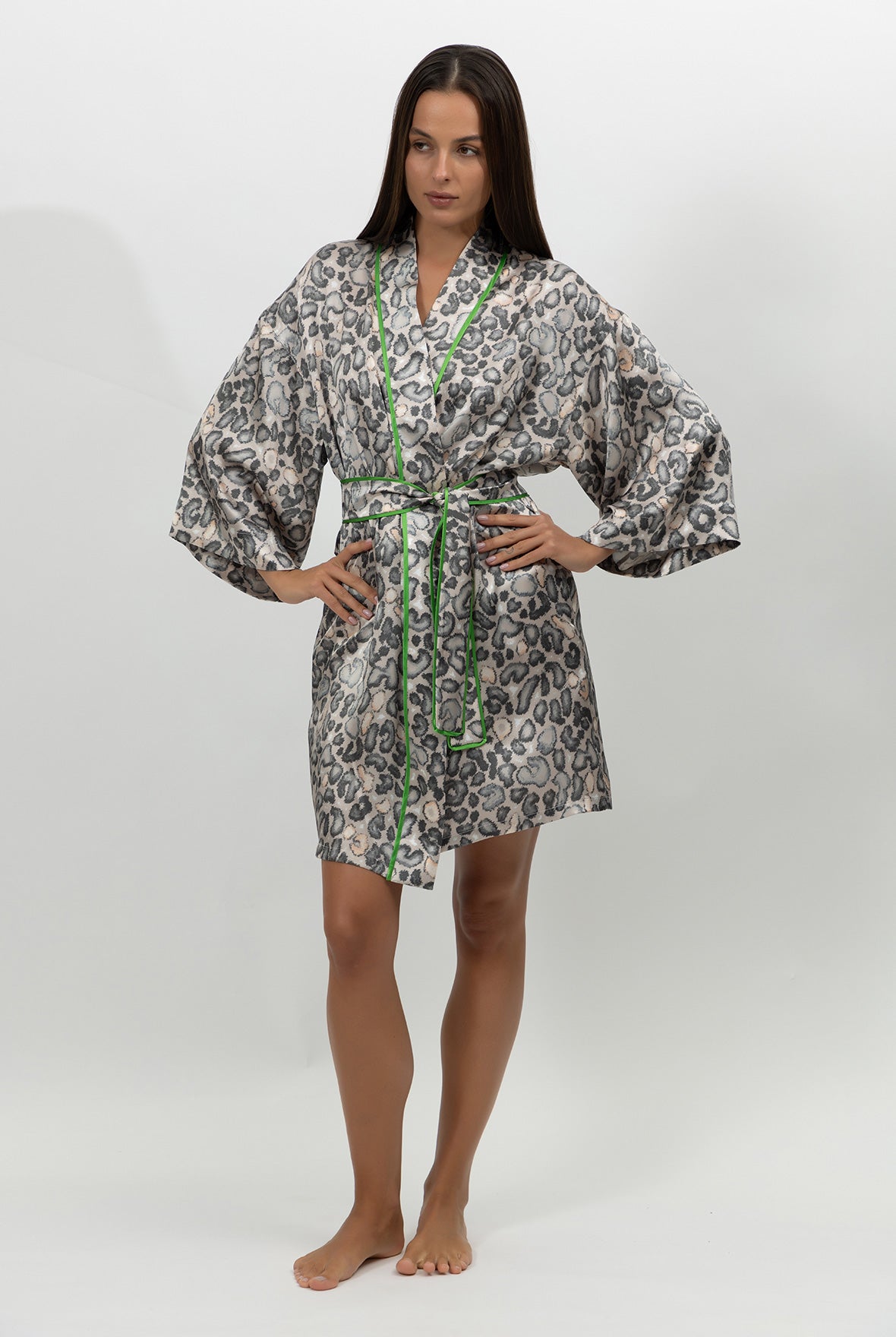 Silk Short Kimono Robe Animal Print