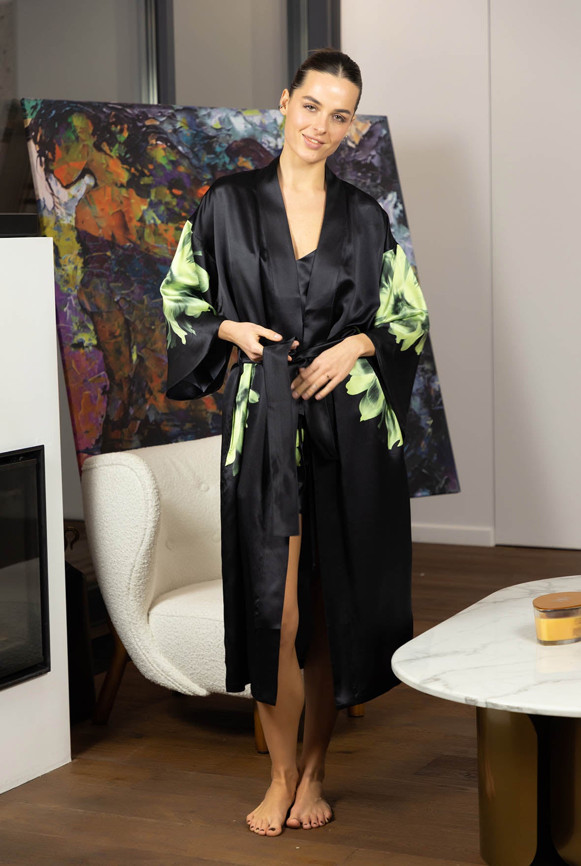 Silk Dreamscape Long Kimono Robe Black Flower
