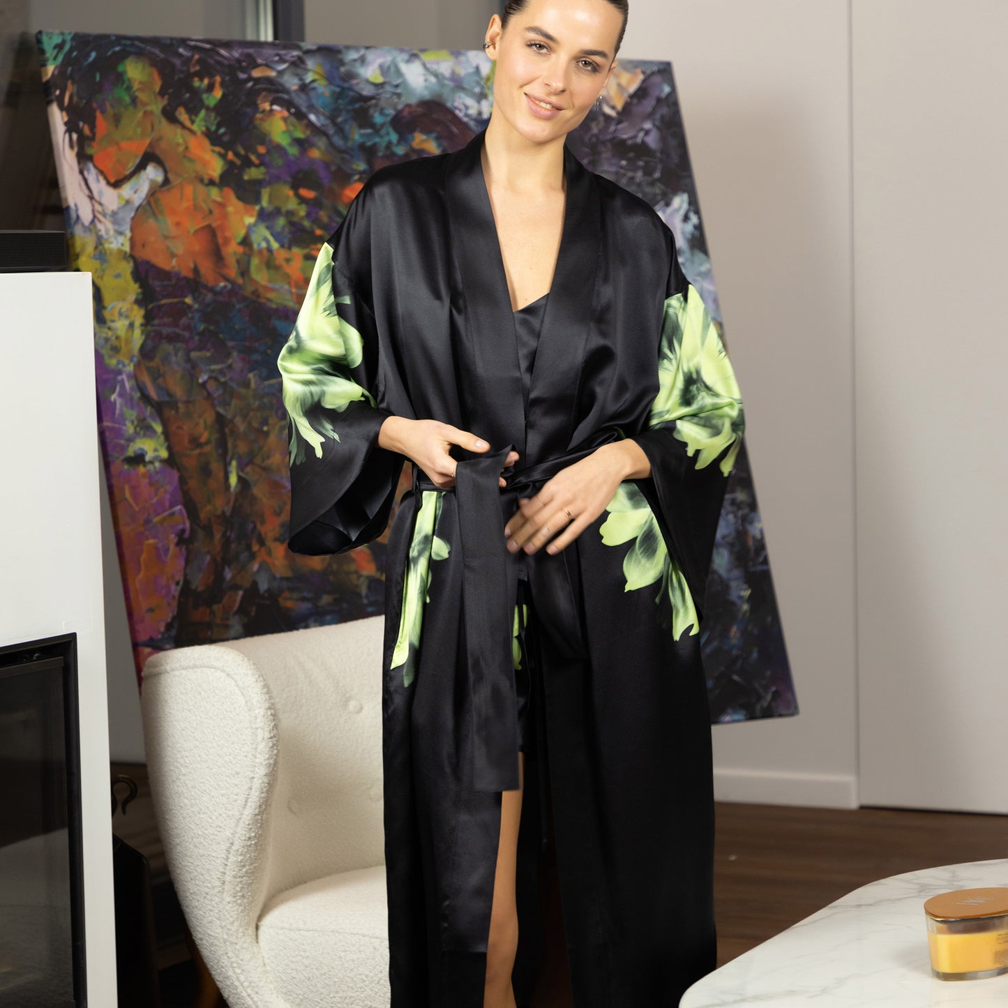 Silk Dreamscape Long Kimono Robe Black Flower