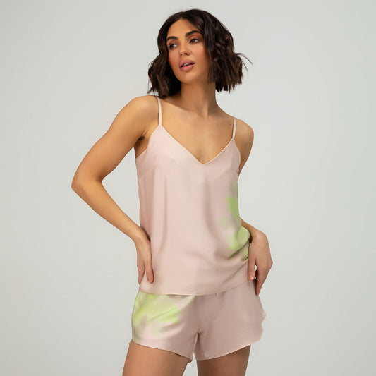 Real silk pink cami for women. Designer flower print create a stylish lounge look