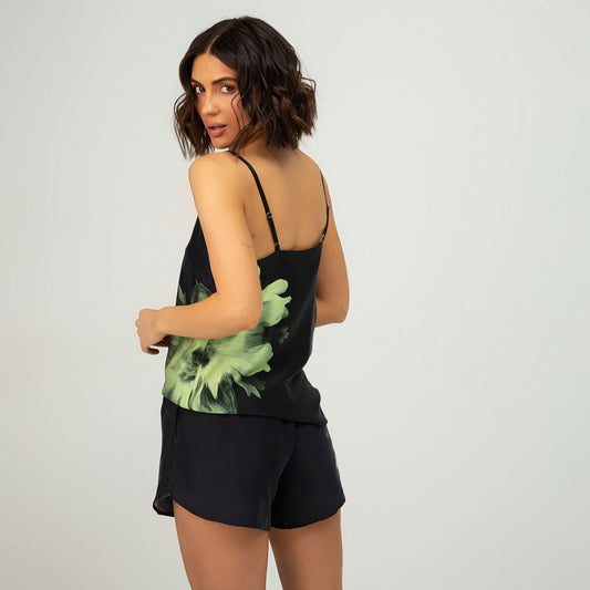 Back side of the silk camisole has thin, adjustable straps. 