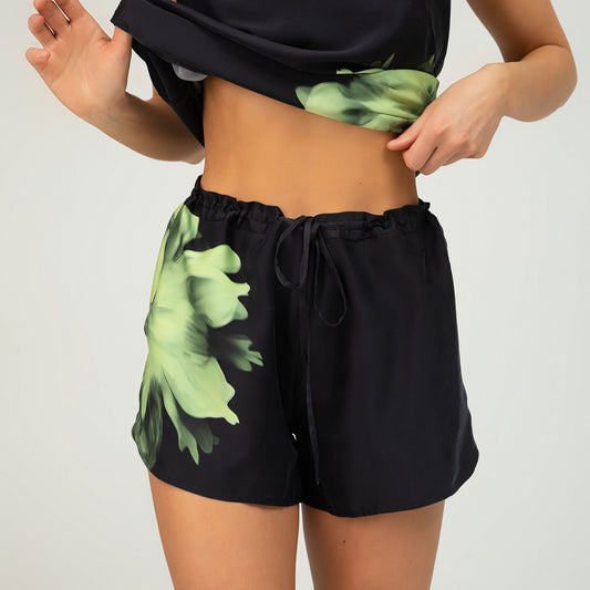 Designer Silk Shorts with Cool Matcha Flower Print