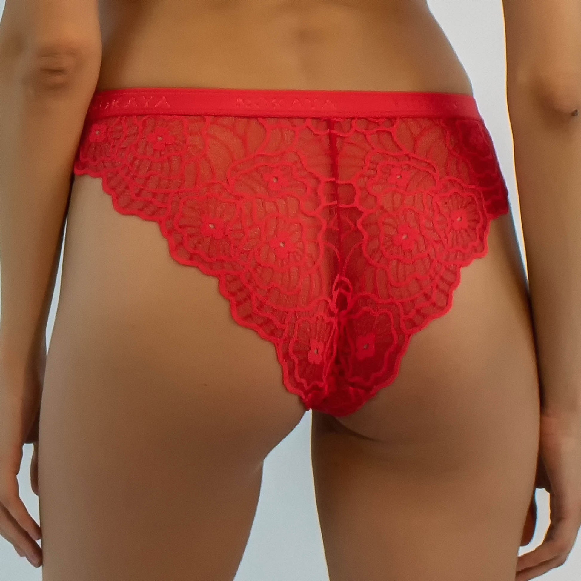 Nokaya fully lace super-comfortable red bikini with a scalloped edge. Back look.
