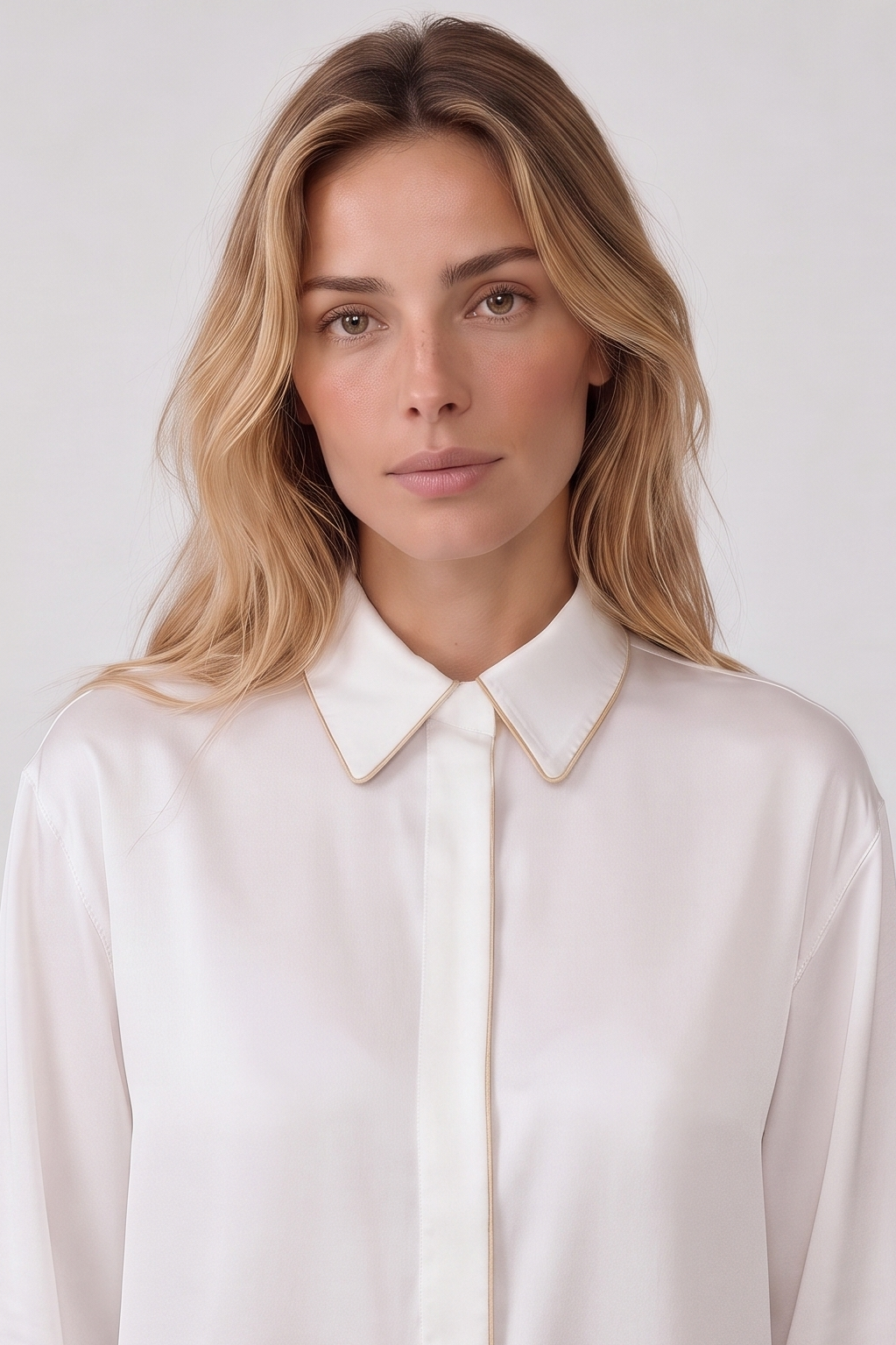 Ivory Silk shirt with a pointed collar trimmed in gold, photographed against a light gray studio background. Nokaya
