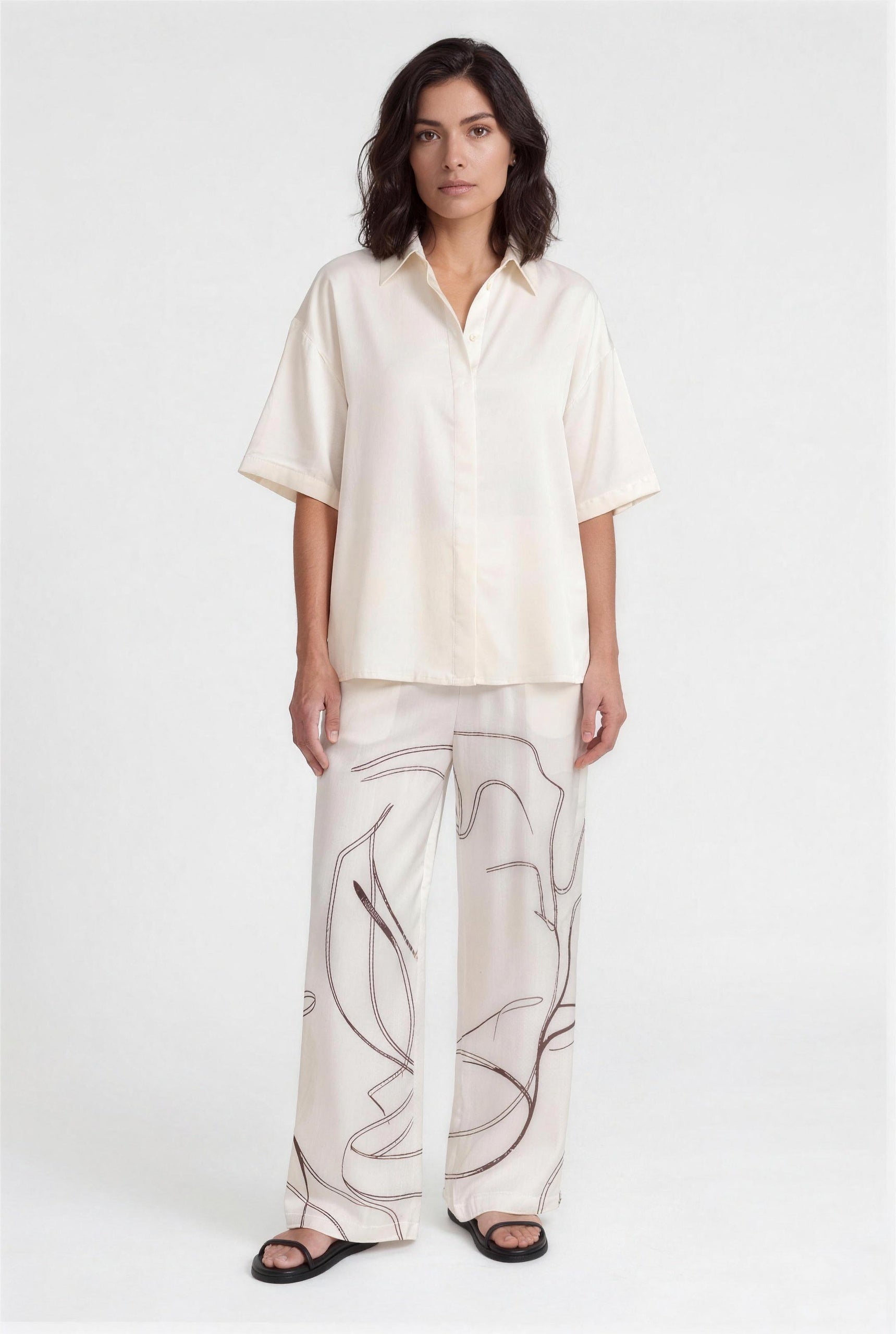 Silk trousers, ivory Earth Sketch co-ord, full length front