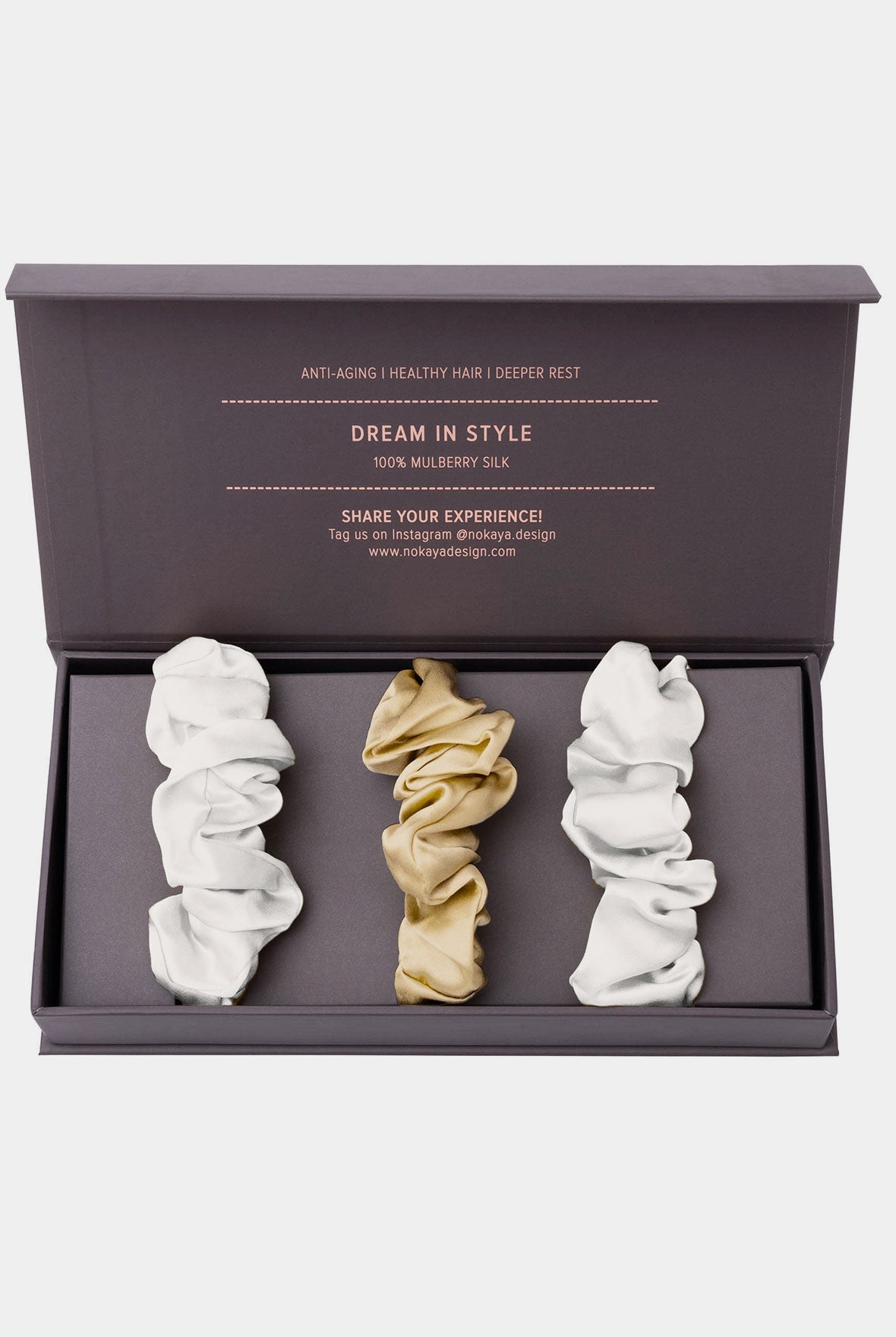 Silk Scrunchie in ivory and beige colours. Set three. Nokaya. Design in Ukraing