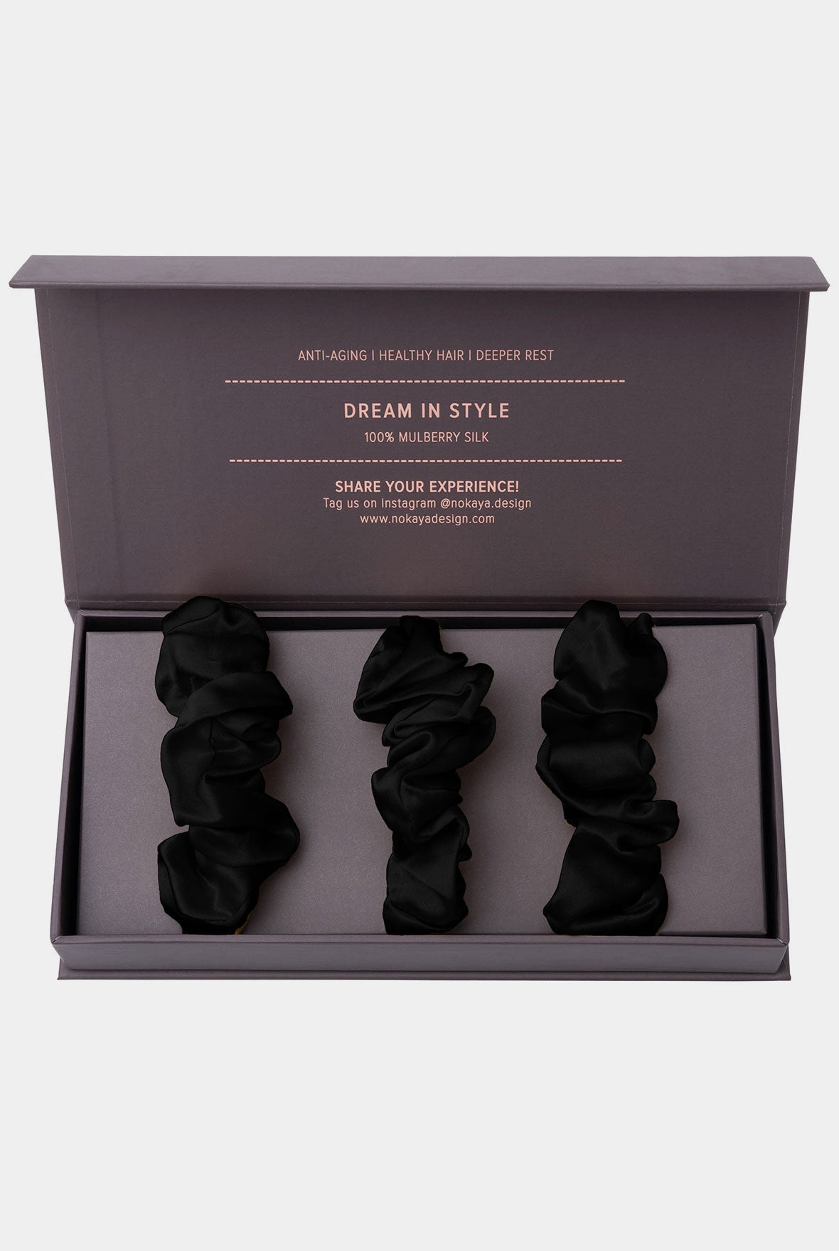 Black Silk Scrunchie Set Nokaya in fine gift box. 