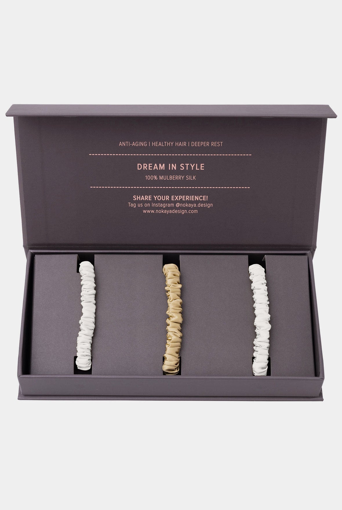 Silk Scrunchie Set in  Ivory and Caramel colours with gift box. Created in Ukraine by Nokaya. 